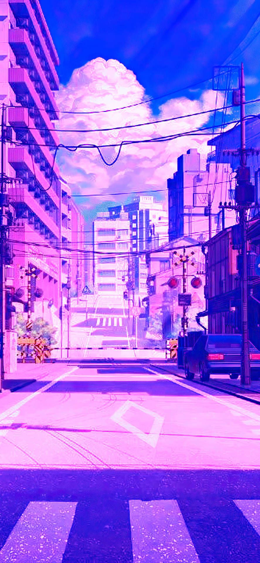 Anime-Stil, Straße, Lila, Wolken, Illustration, Vaporwave, HD, iPhone-Hintergrundbild