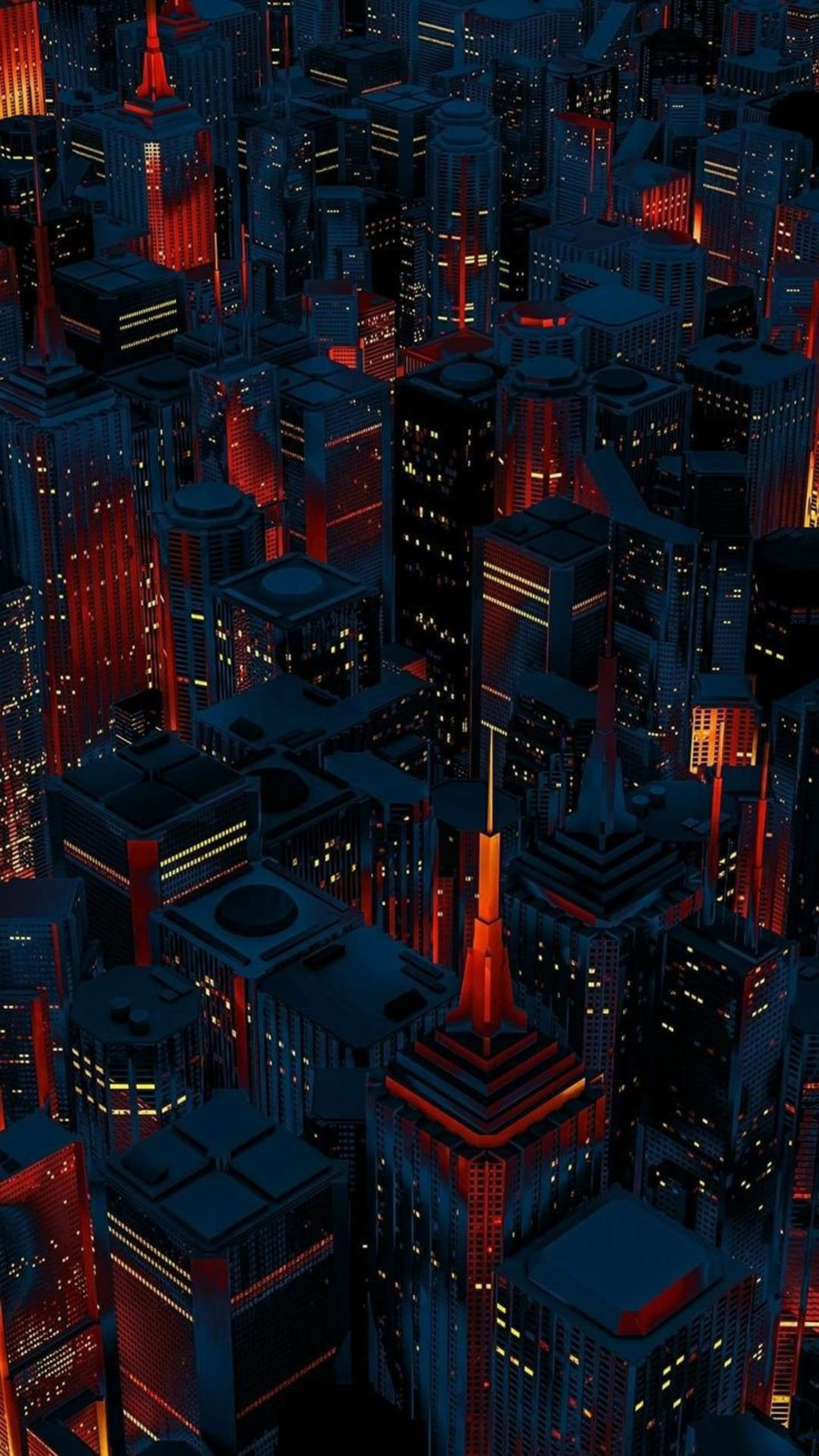 Isometrisch, 3D, Gebäude, Rot, Dunkelblau, Digitale Kunst, QHD+, iPhone-Hintergrundbild