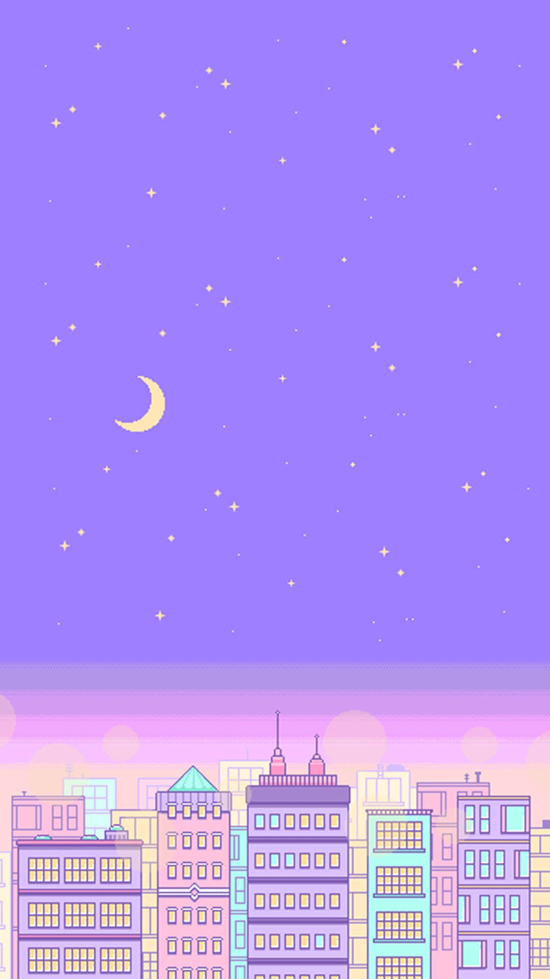 Pixel Art, Mondsichel, Lila Himmel, Gebäude, Pastellfarben, Sterne, Full HD, iPhone-Hintergrundbild