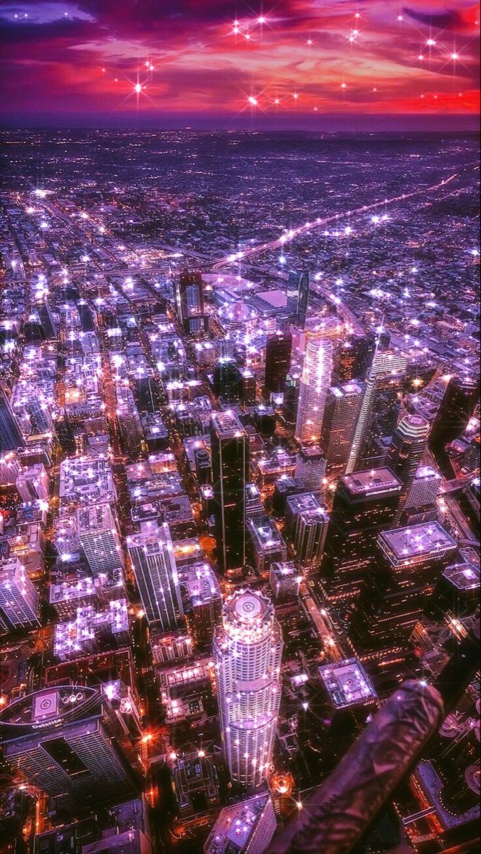 Luftaufnahme, Stadtlichter, Lila, Abendrot, Großstadt, Hochformat, Hintergrundbild fürs Smartphone