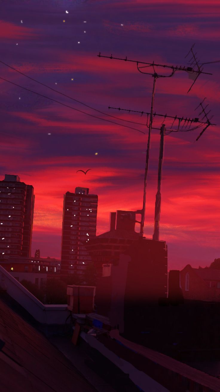 Roter Himmel, Silhouette, Stromleitungen, Gebäude, Dämmerung, Android-Hintergrundbild