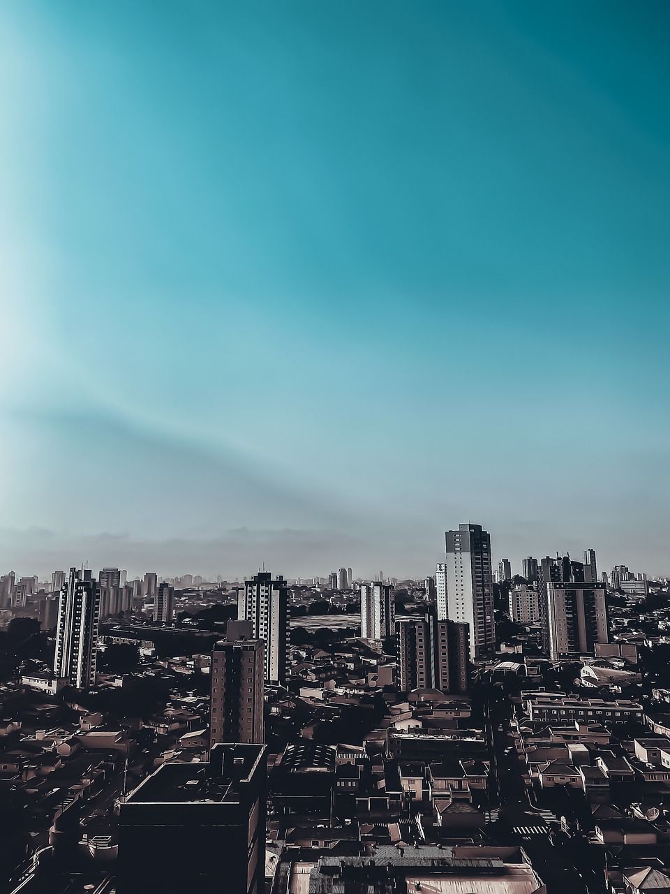 Skyline, Türkiser Himmel, Hochhäuser, Großstadt, Minimalismus, HD, Tablet-Hintergrund
