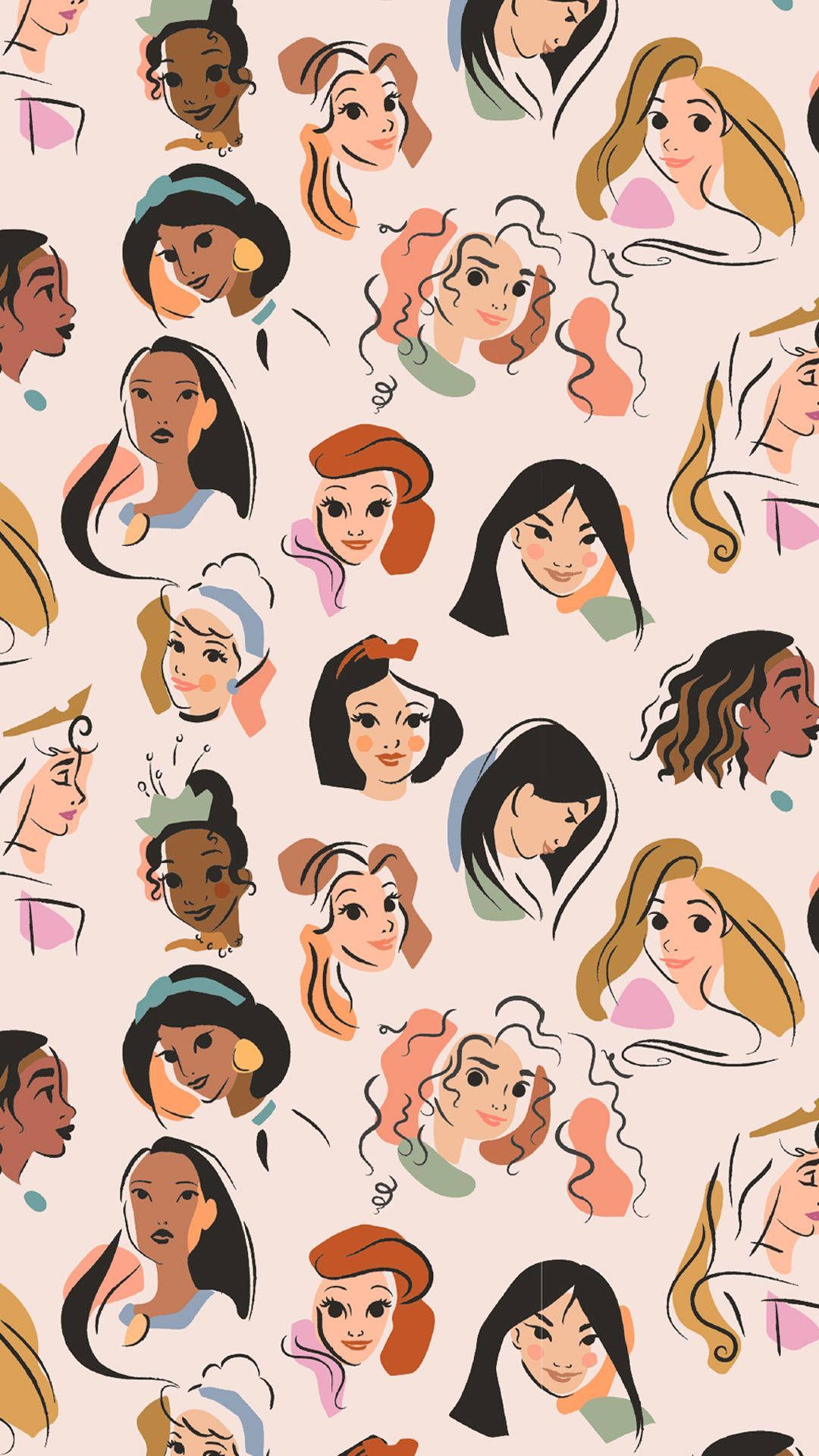 Disney-Prinzessinnen, Muster, Jasmin, Mulan, Rapunzel, Hochformat, Hintergrundbild fürs Smartphone