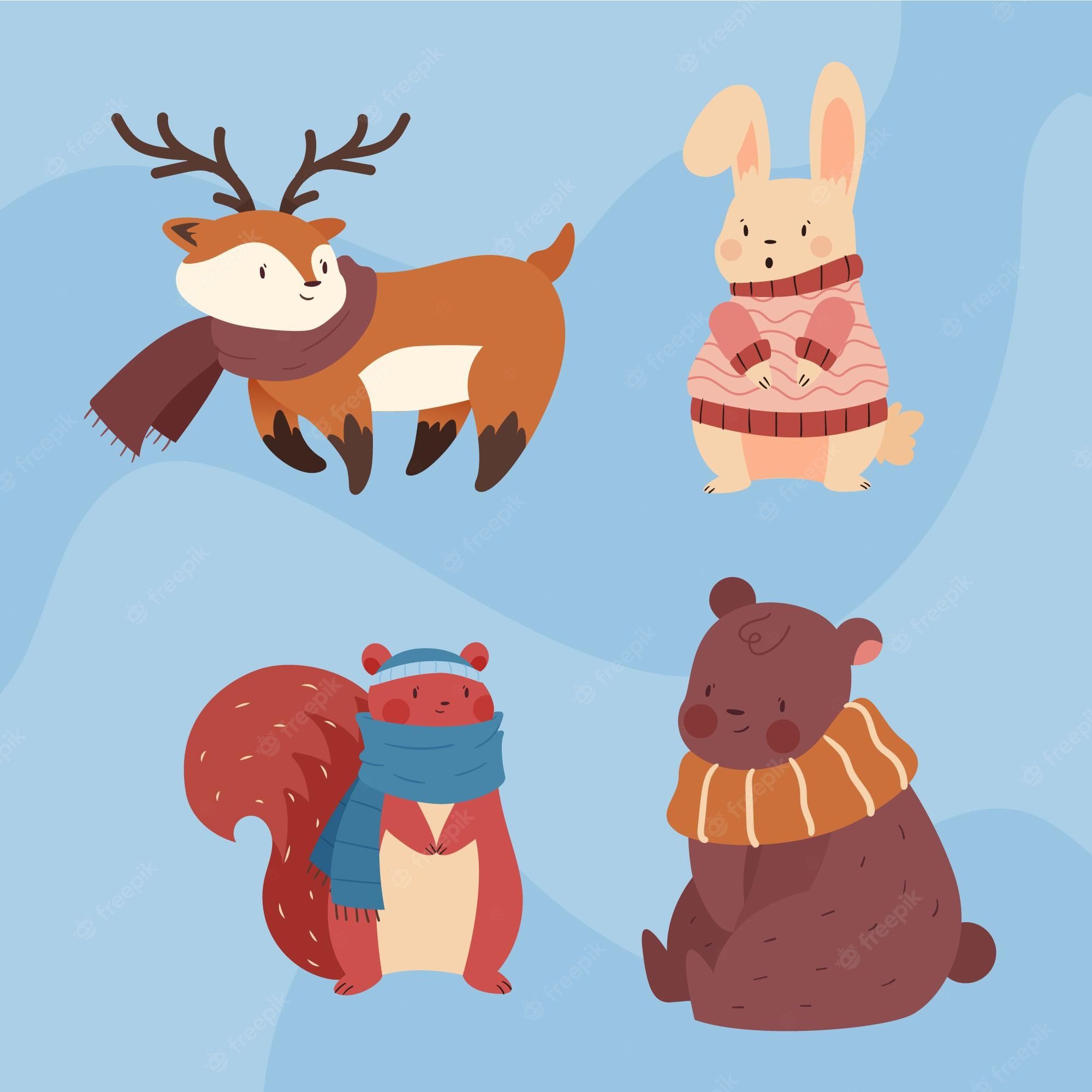 Illustration, Fuchs, Hase, Bär, Eichhörnchen, Schals, Full HD, iPad-Hintergrundbild