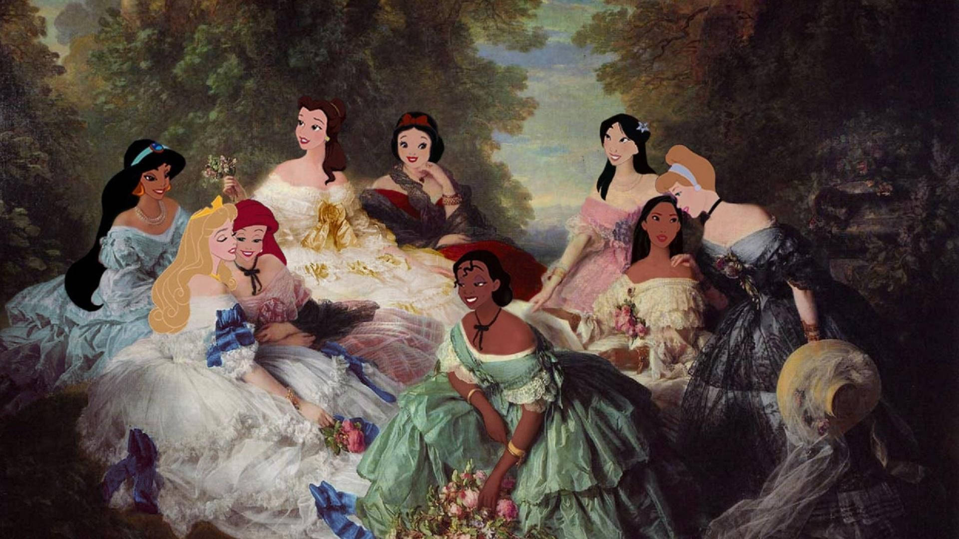 Disney-Prinzessinnen, Gemäldeparodie, Ölgemälde, Ballkleider, Jasmin, Arielle, Full-HD-Hintergrund