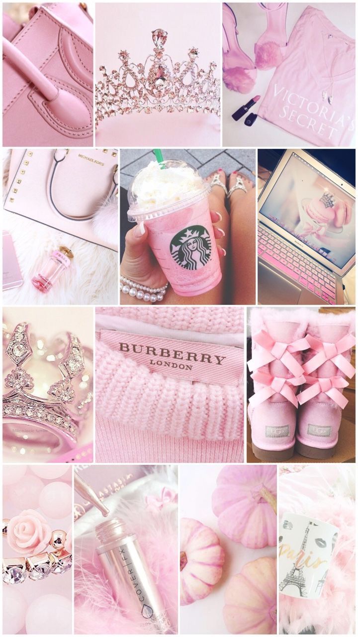 Rosa Aesthetic, Collage, Diadem, Starbucks, Burberry, HD, Handy-Hintergrund im Hochformat