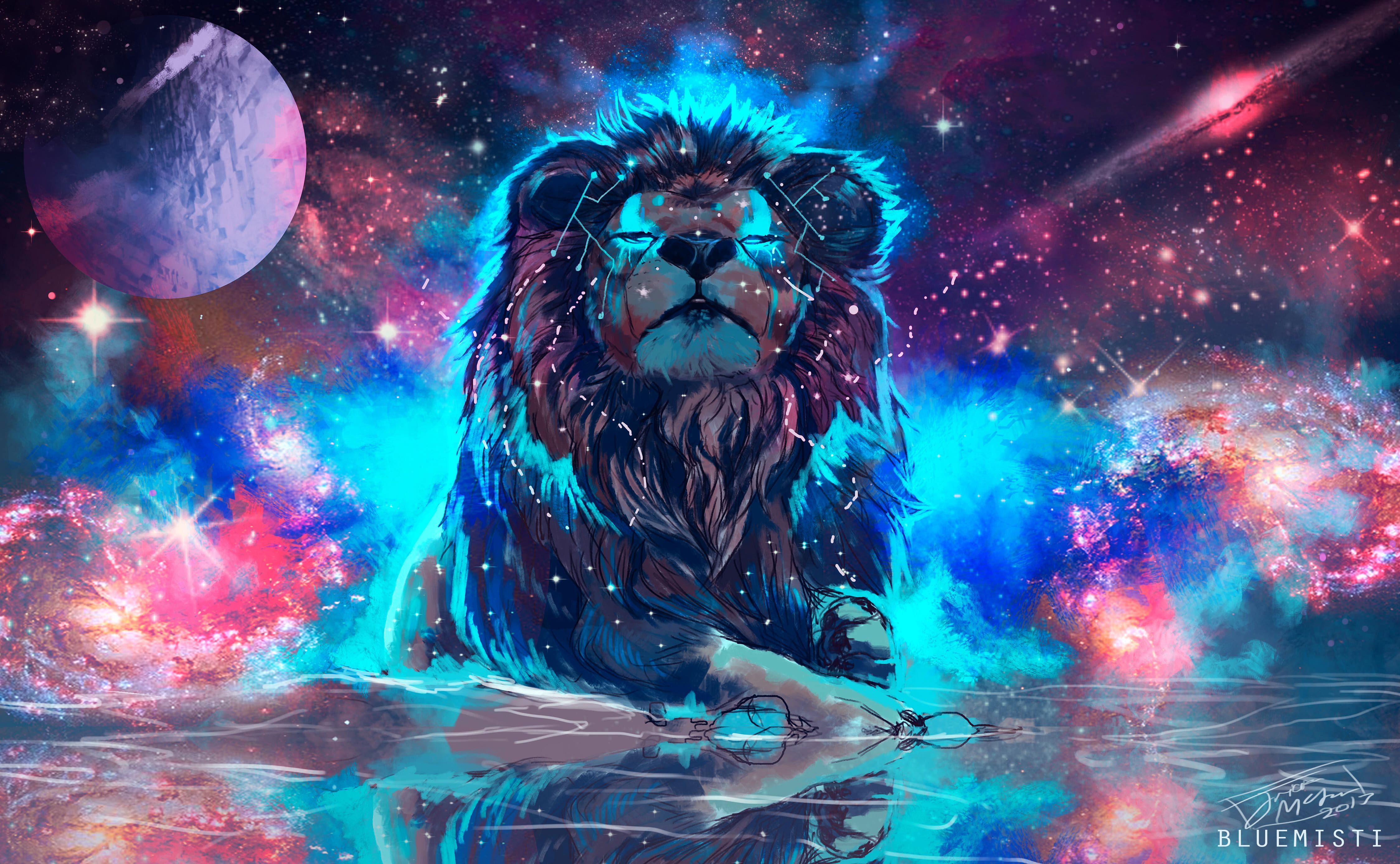 Löwe, Galaxie, Neonfarben, Weltraum, Digitale Kunst, 16:10, 4K-Hintergrundbild für den Desktop