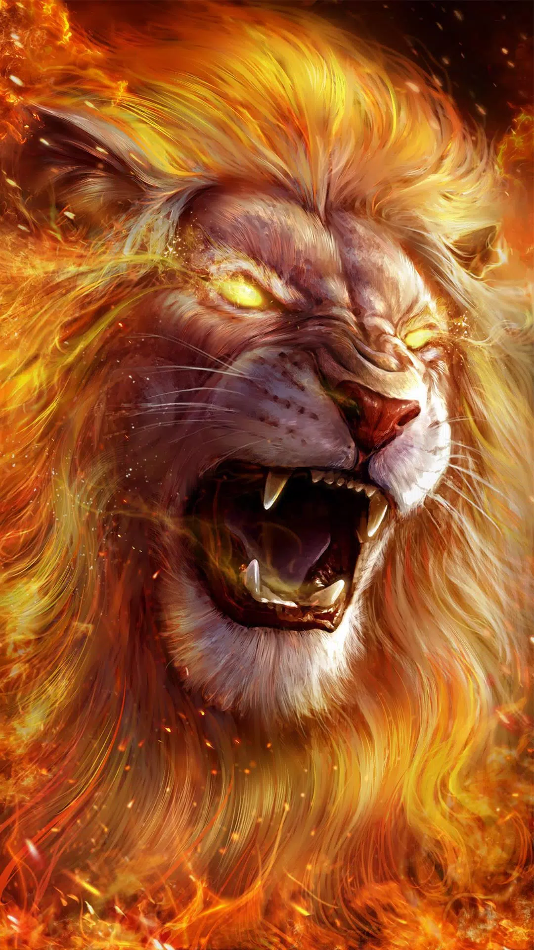 Löwe, Feuer, Brüllen, Digitale Kunst, Orange, Full HD, Handy-Hintergrund im Hochformat