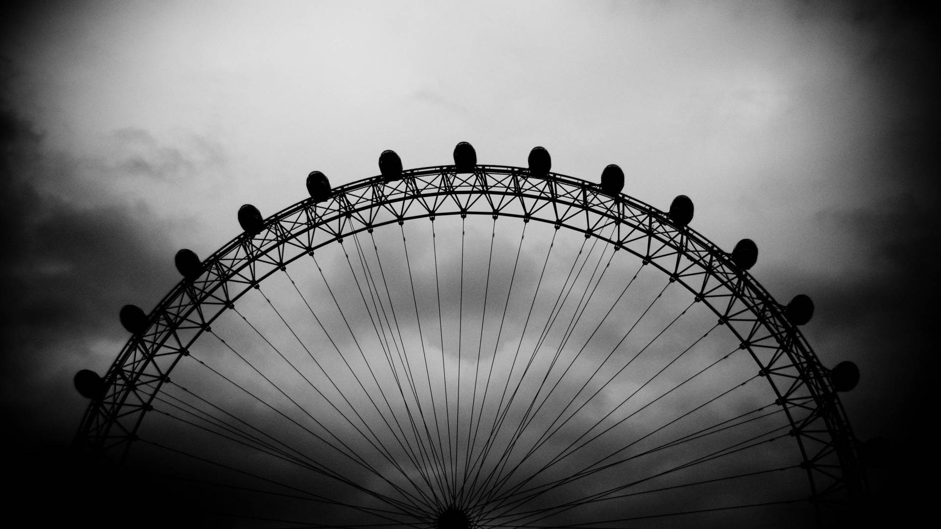 London Eye, London, Riesenrad, Schwarzweiß, Silhouette, Wolken, Full HD, PC-Hintergrundbild