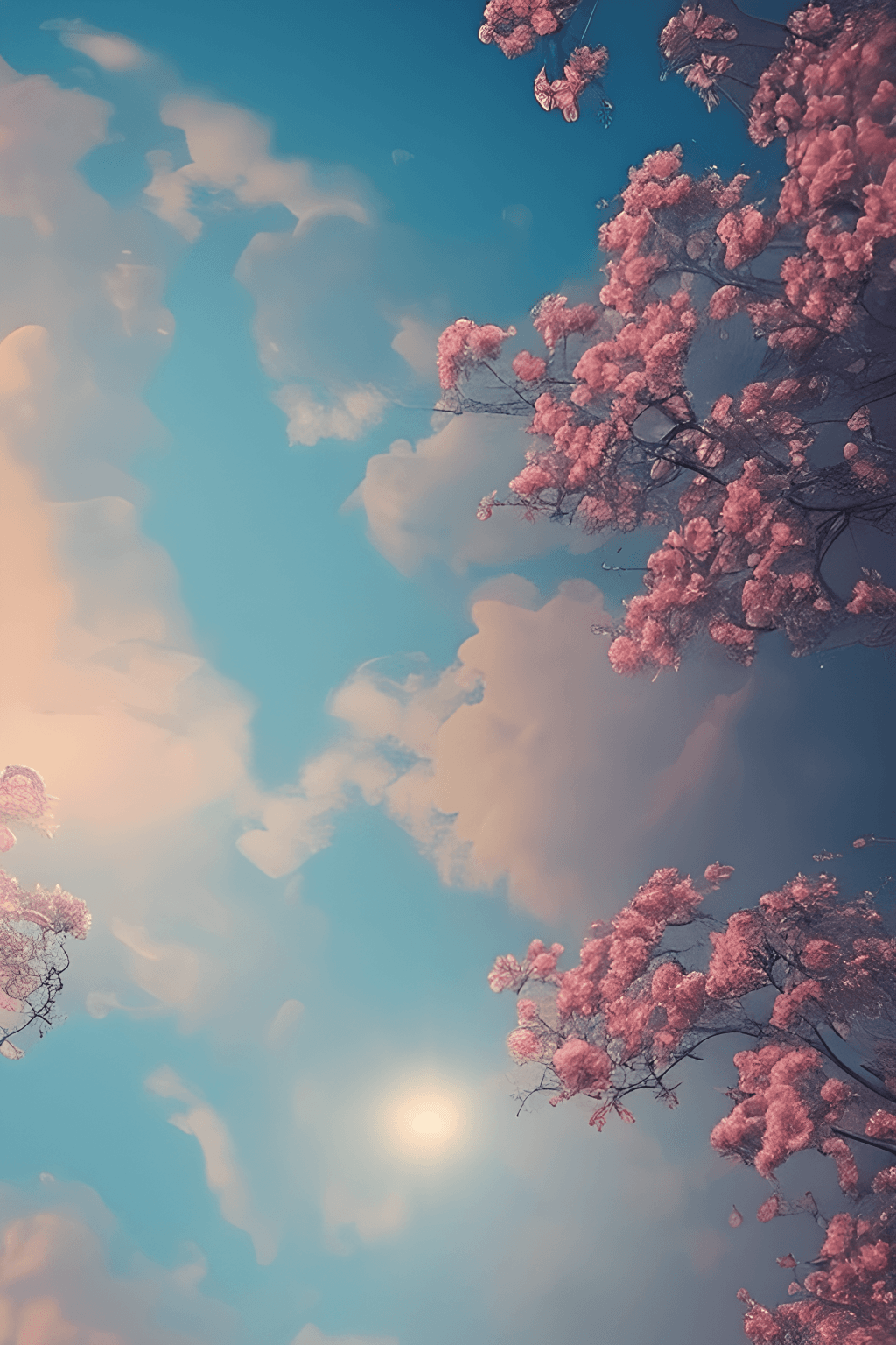 Blühender Baum, Sonne, Pastellhimmel, Rosa Blüten, HD, Hintergrundbild fürs Handy