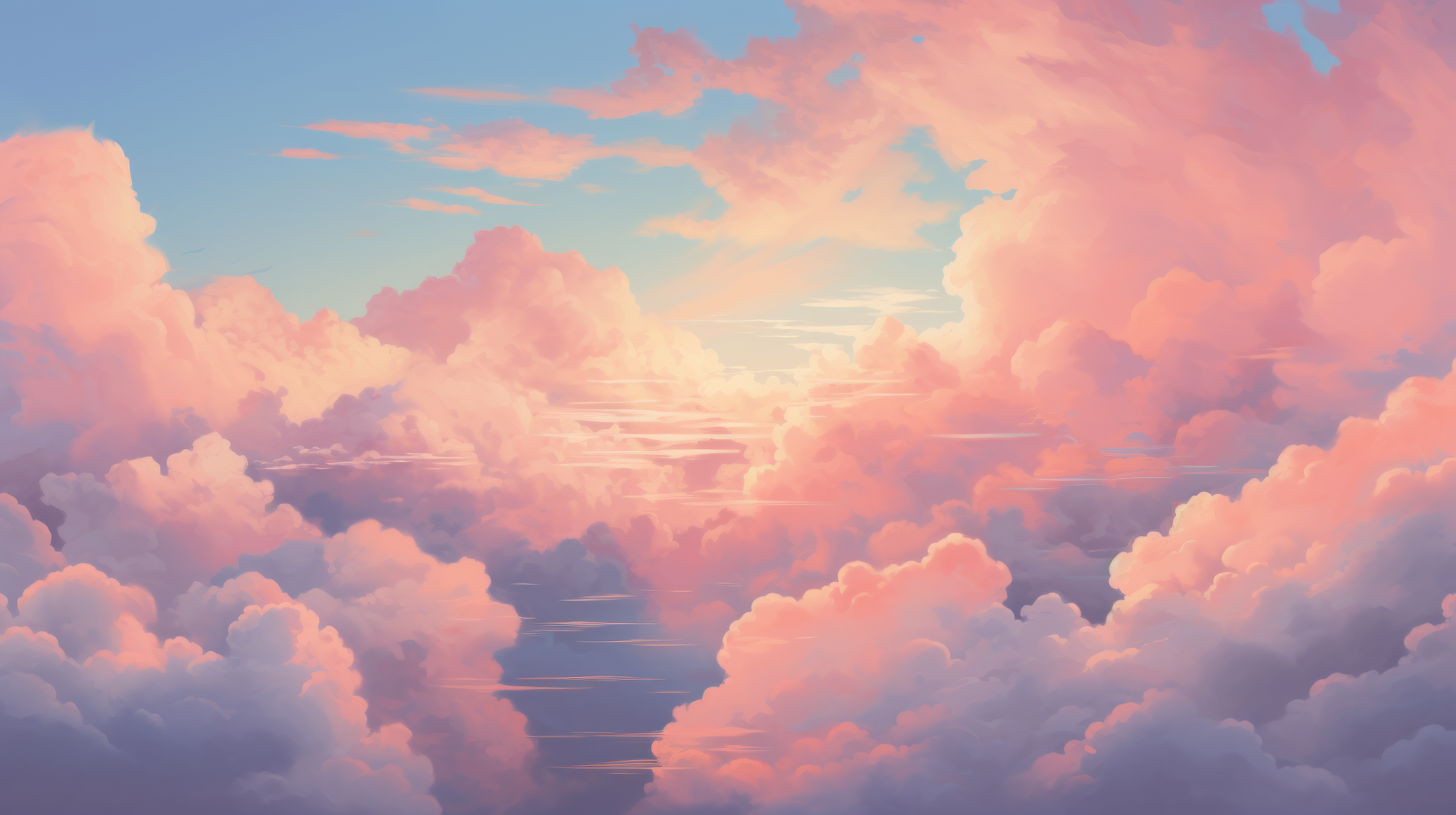Wolkenmeer, Rosa Wolken, Illustration, Sonnenlicht, 16:9, Full-HD-Hintergrundbild für den Desktop