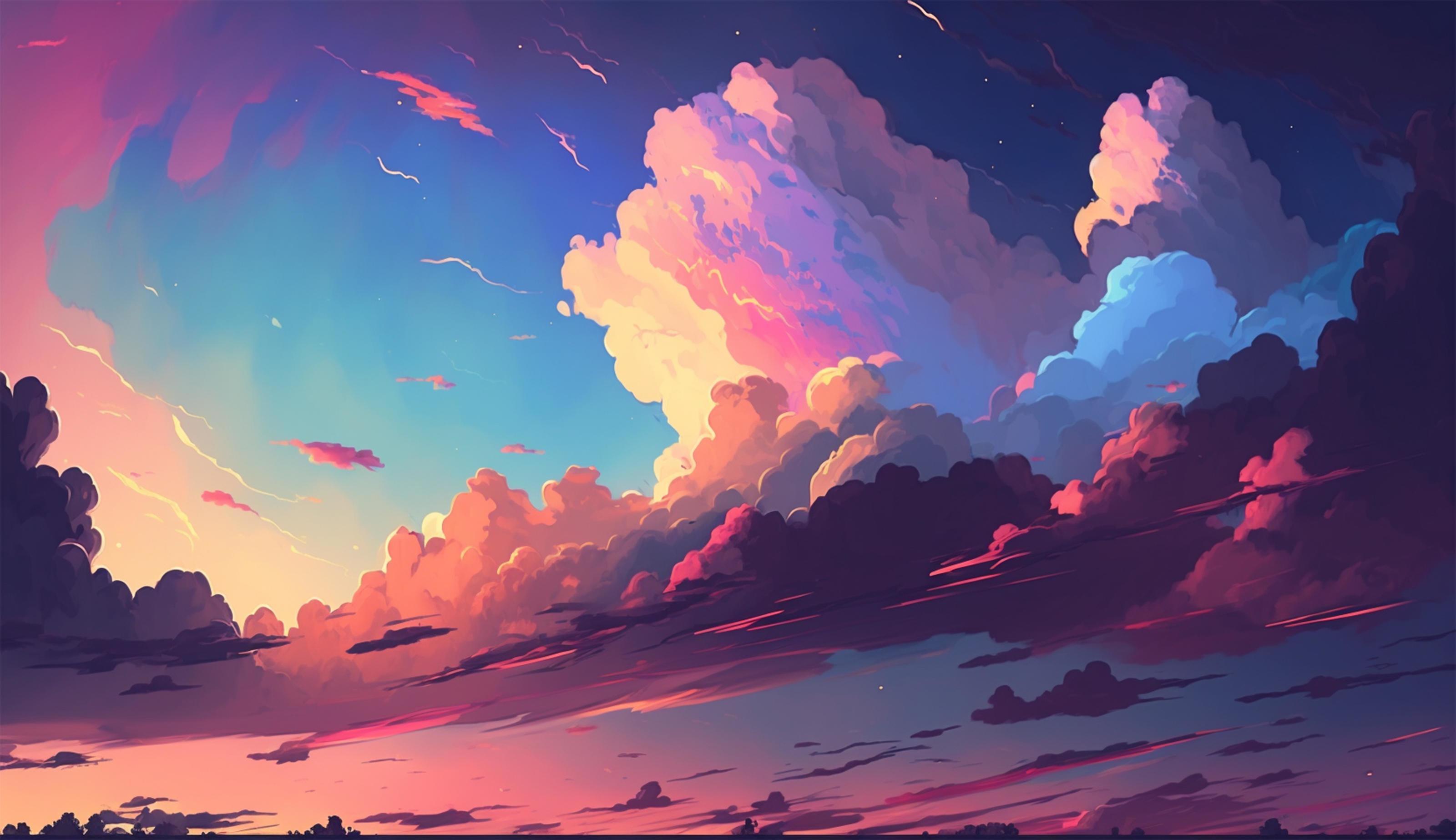 Wolkenhimmel, Anime-Stil, Rosa Wolken, Digitale Kunst, Blau, Sonnenuntergang, 2K-Hintergrundbild