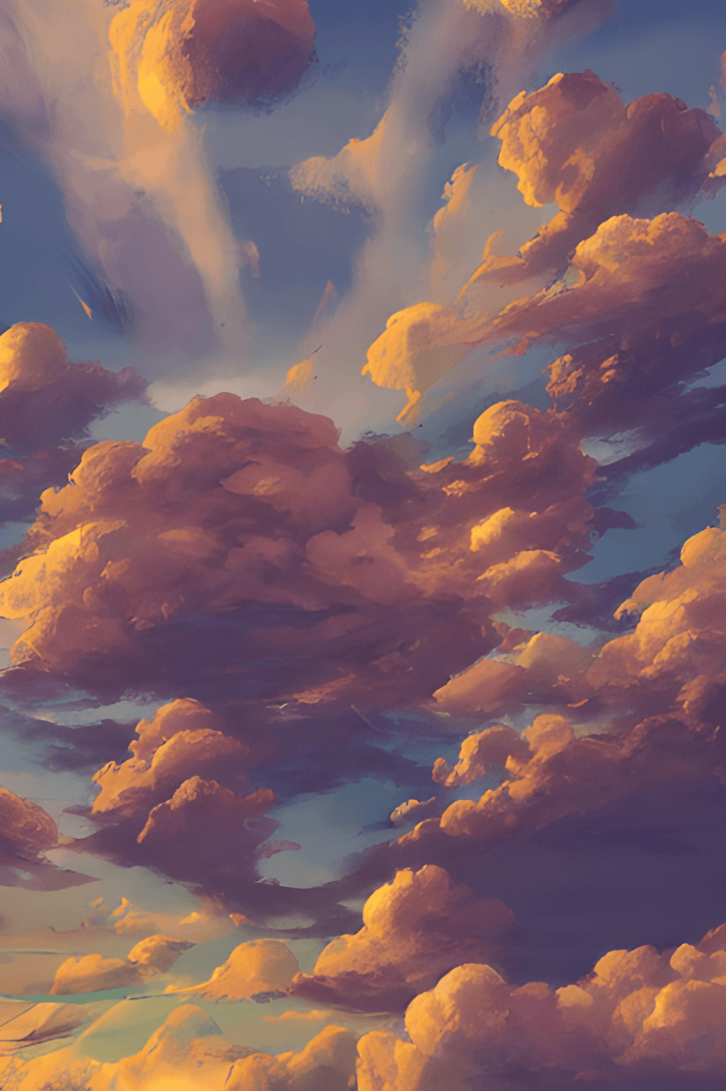 Gemalte Wolken, Goldene Wolken, Blauer Himmel, Kunst, HD, Hintergrundbild fürs Handy