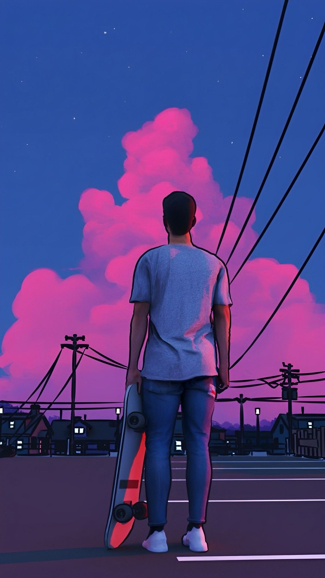 Mann, Rückenansicht, Lofi, Rosa Wolken, Stromleitungen, Abend, Full HD, iPhone-Hintergrundbild