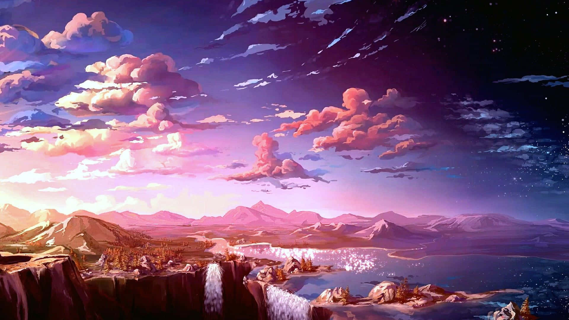 Anime-Landschaft, Wolken, Sonnenuntergang, Lila Himmel, Berge, Full HD, Breitbild-Hintergrundbild
