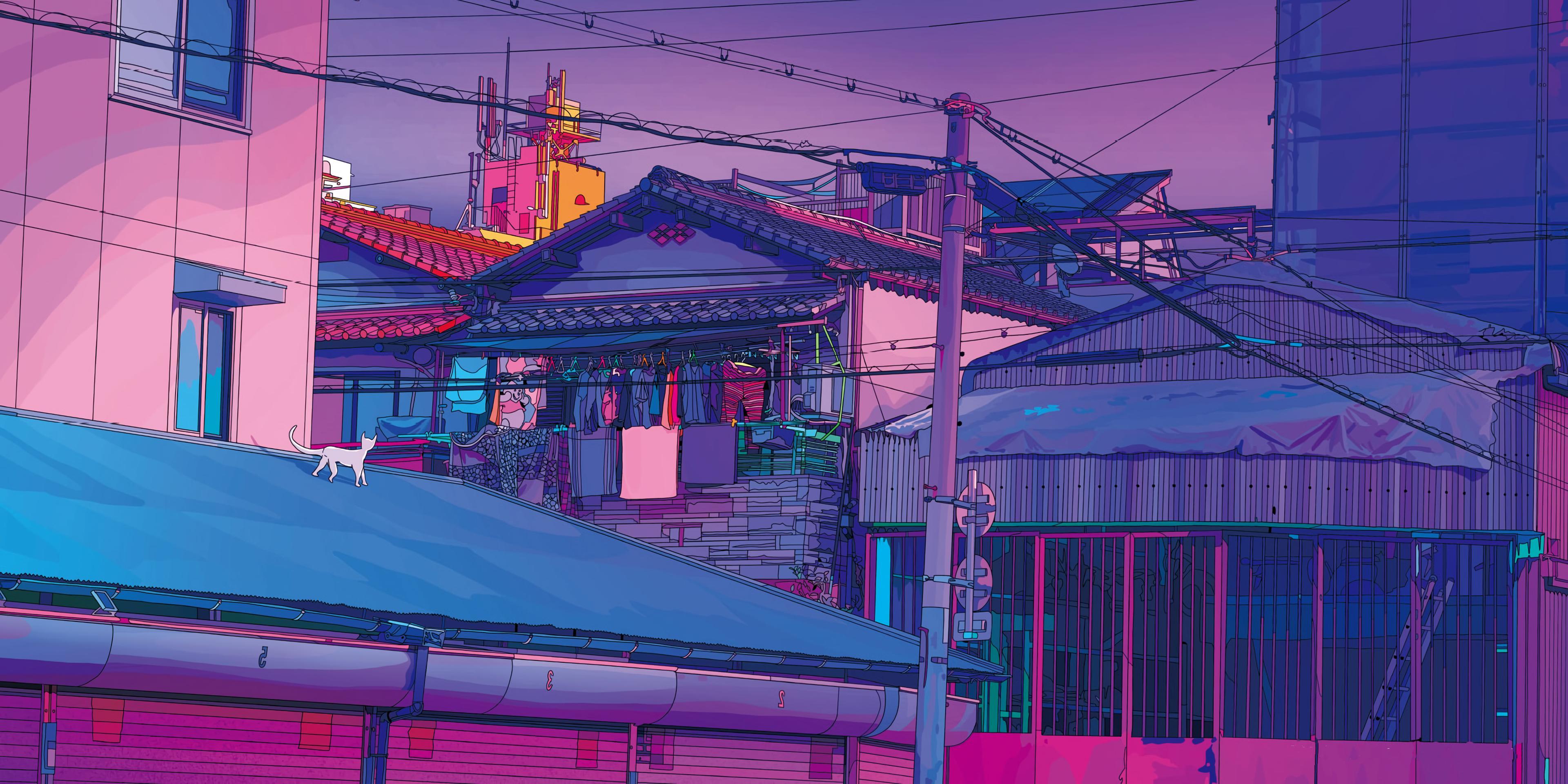 Anime-Stadt, Dächer, Japanische Häuser, Pastell, Katze, 4K, Hintergrund für den Desktop