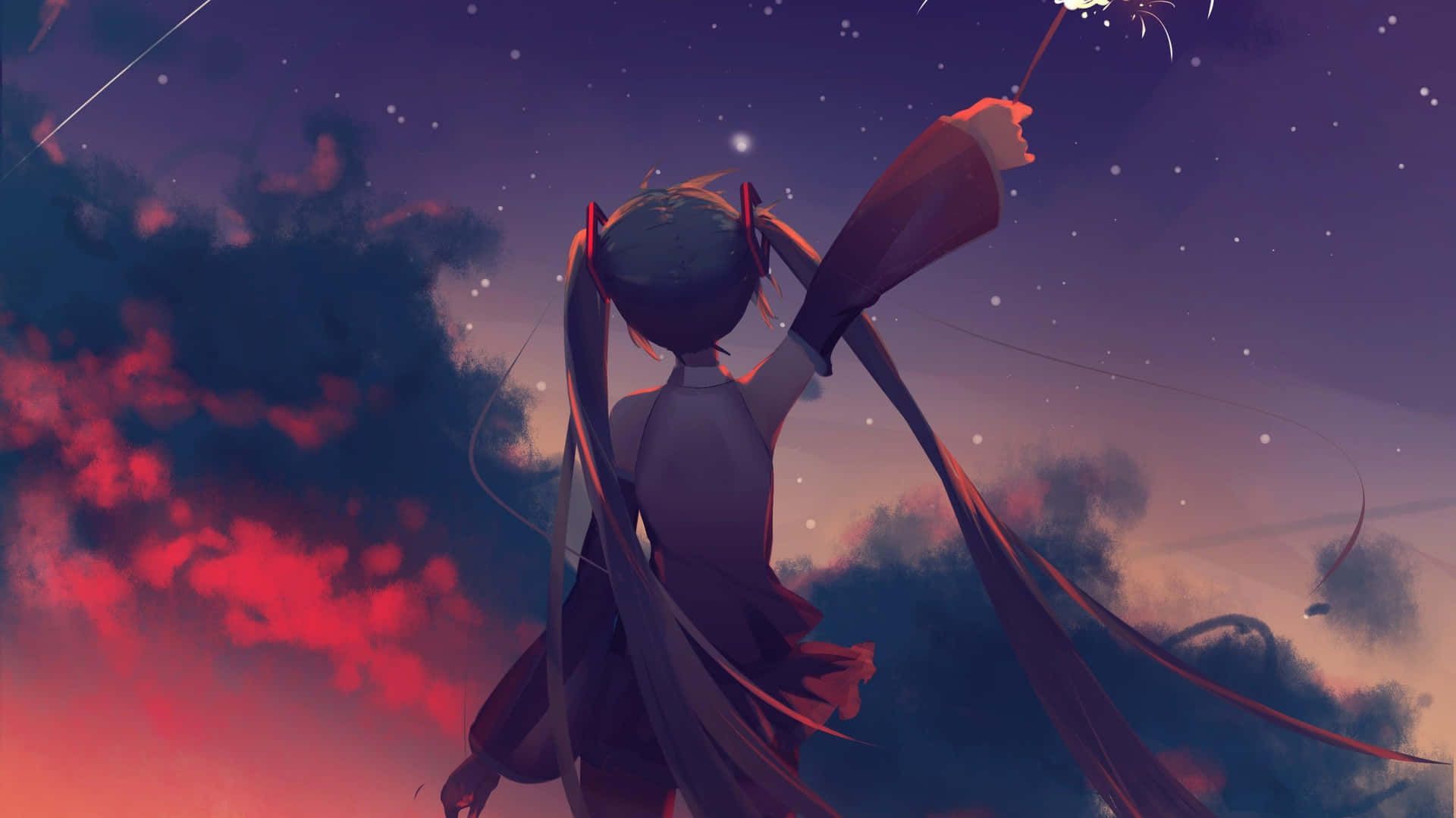 Hatsune Miku, Vocaloid, Sternenhimmel, Rote Wolken, Anime, Full HD, Windows-Hintergrundbild