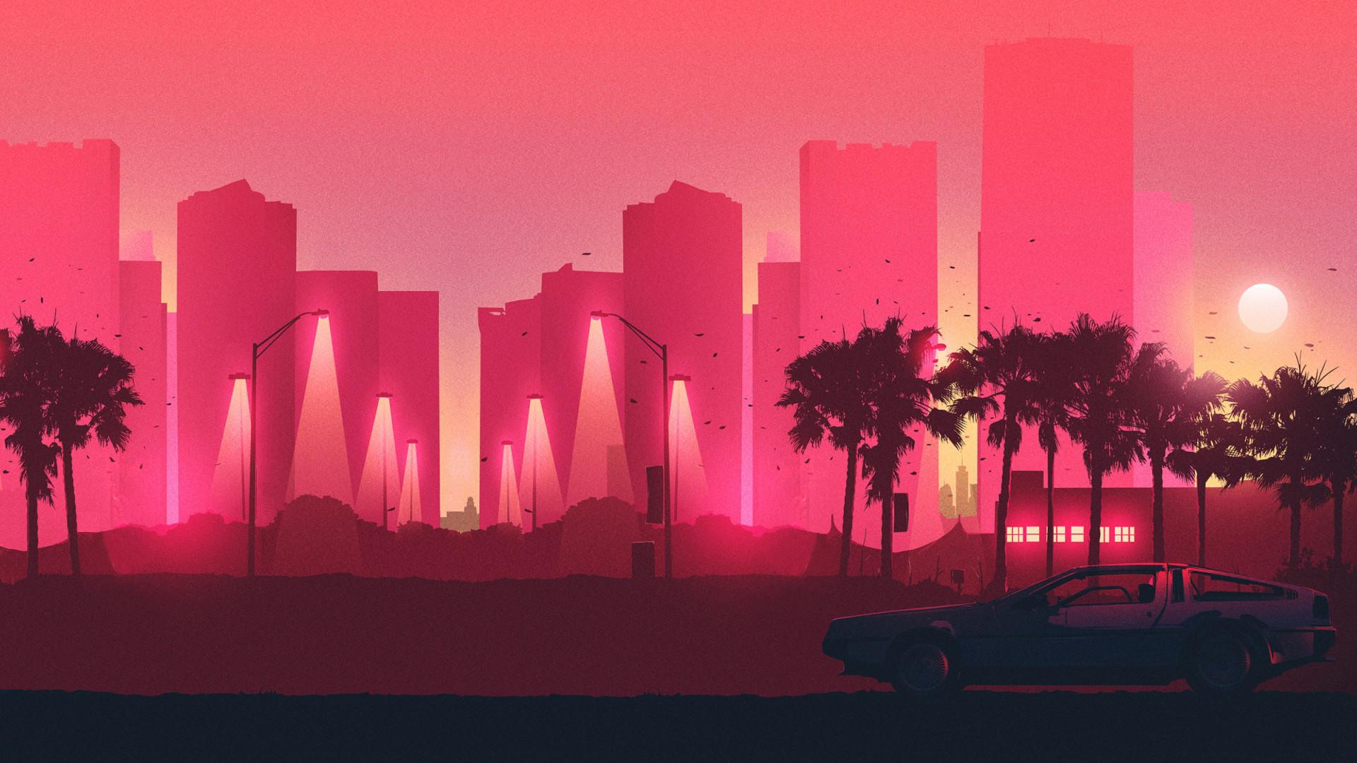 Synthwave, Skyline, Palmen, Rosa, Retro-Auto, Full HD 1080p, Desktop-Hintergrundbild