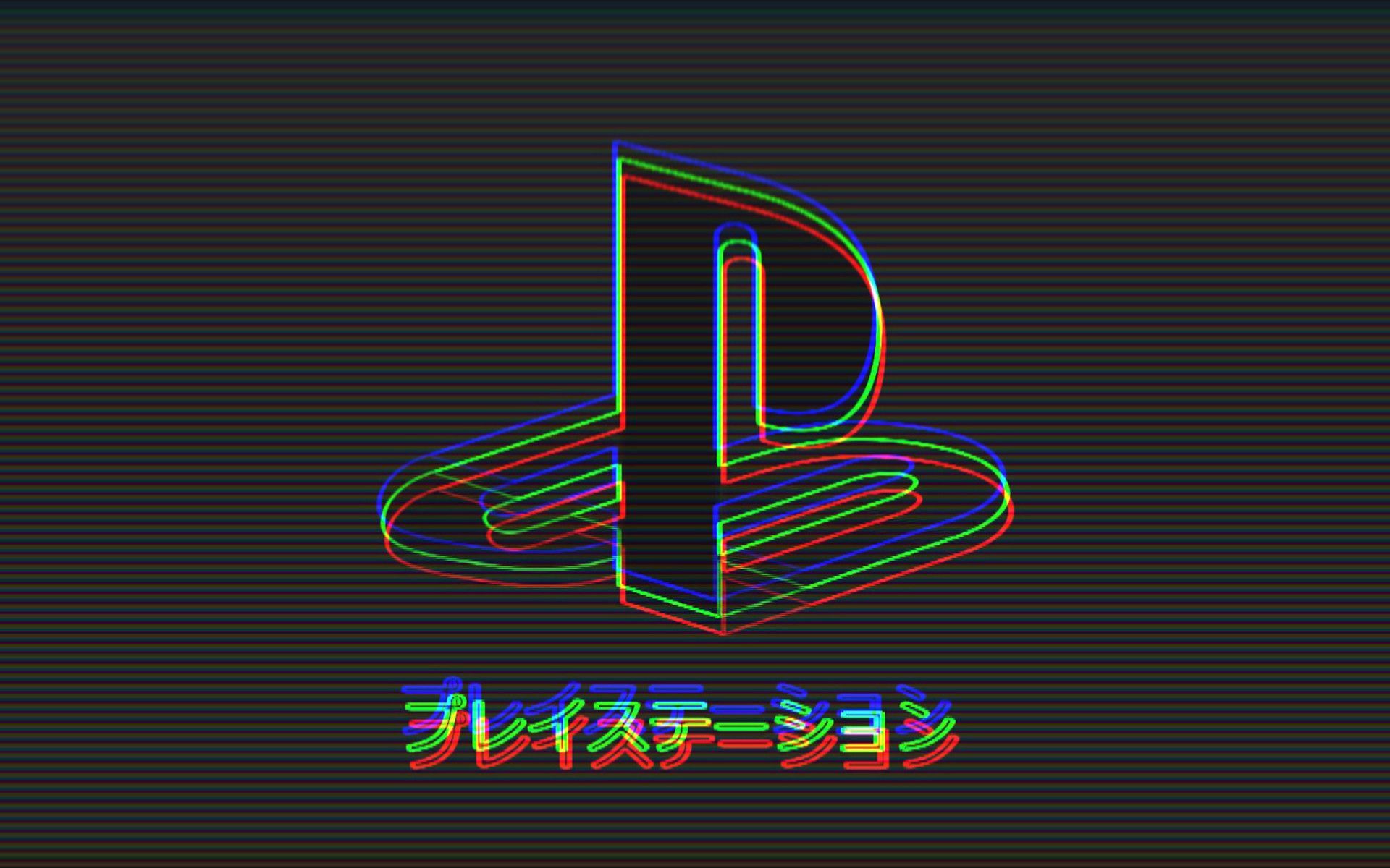 PlayStation, Logo, Glitch-Effekt, Japanische Schrift, Dunkelgrau, Full HD, Laptop-Hintergrundbild