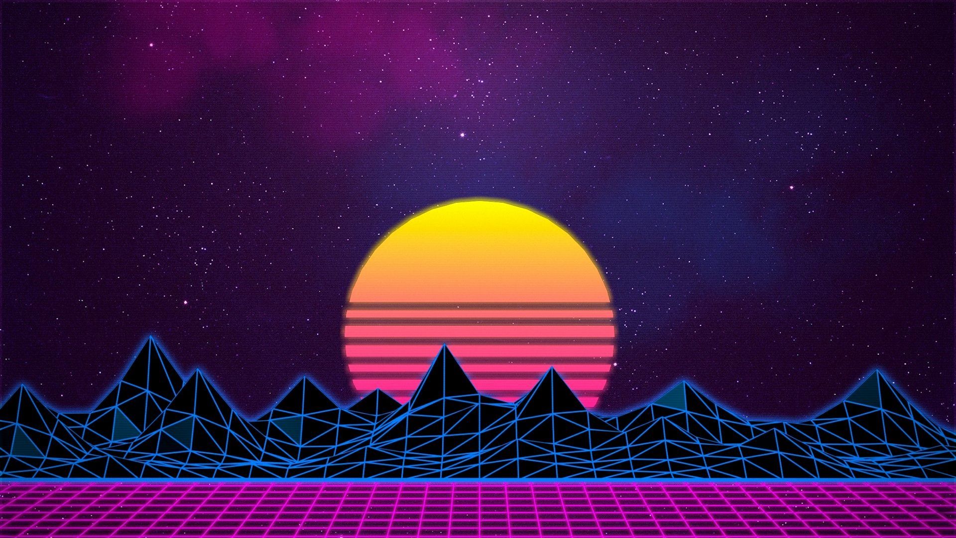 Synthwave, Retro-Sonne, Gitterlandschaft, Lila, Sterne, Full HD, Desktop-Hintergrund für Windows