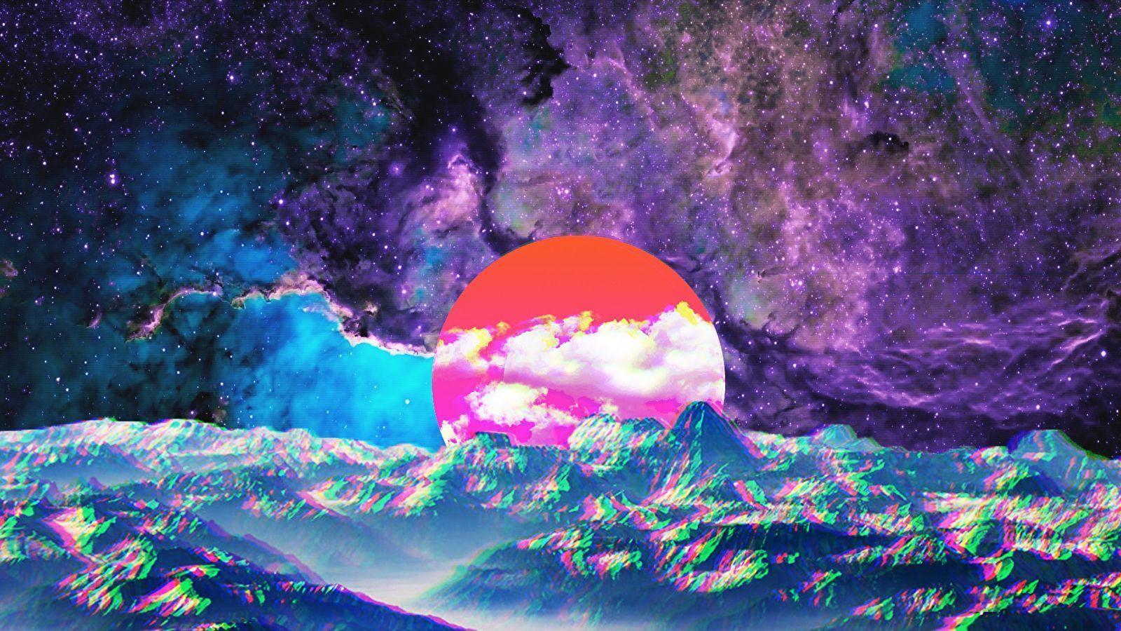 Retrowave, Sonne, Glitch-Kunst, Weltall, Bunt, HD, Hintergrundbild für den PC