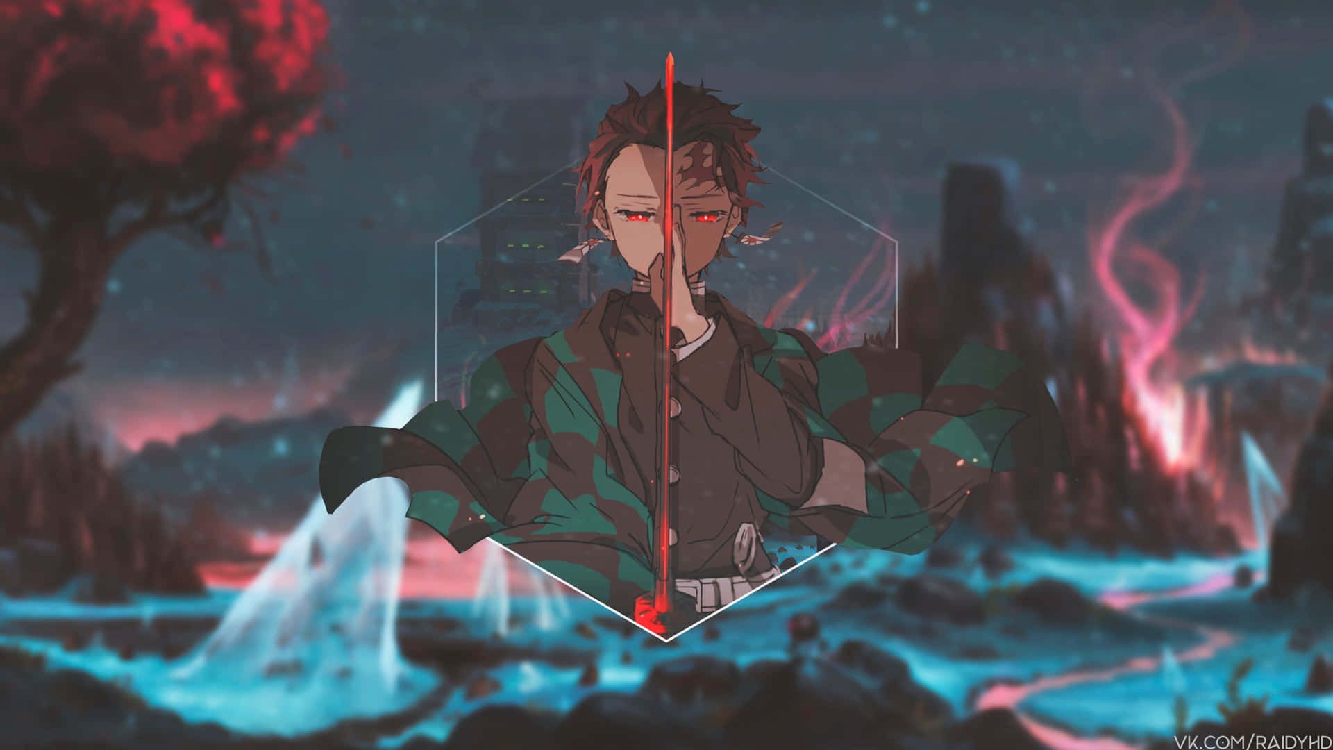 Tanjiro Kamado, Demon Slayer, Anime, Glitch-Effekt, Rot und Türkis, Full HD, Desktop-Hintergrund