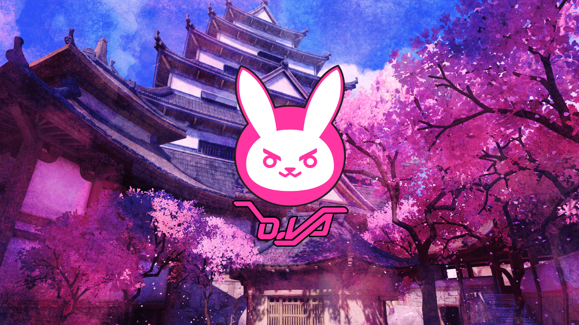 D.Va, Overwatch, Hasen-Logo, Kirschblüten, Pagode, 1920x1080, Full-HD-Hintergrundbild für PC