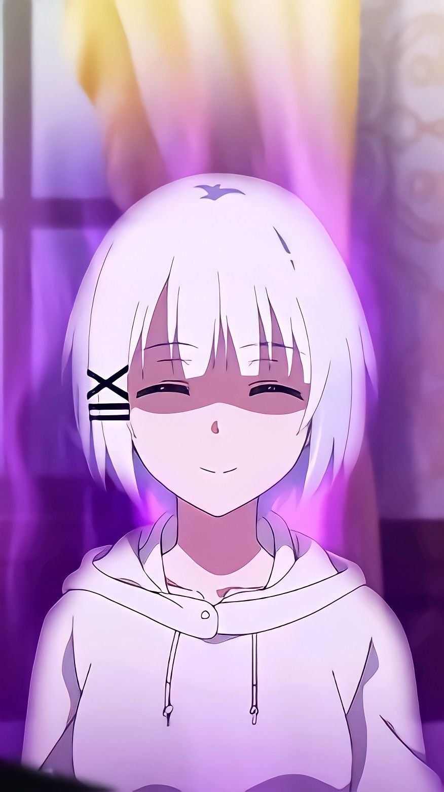 Anime-Mädchen, Weiße Haare, Hoodie, Lila Licht, HD, Handy-Hintergrund im Hochformat