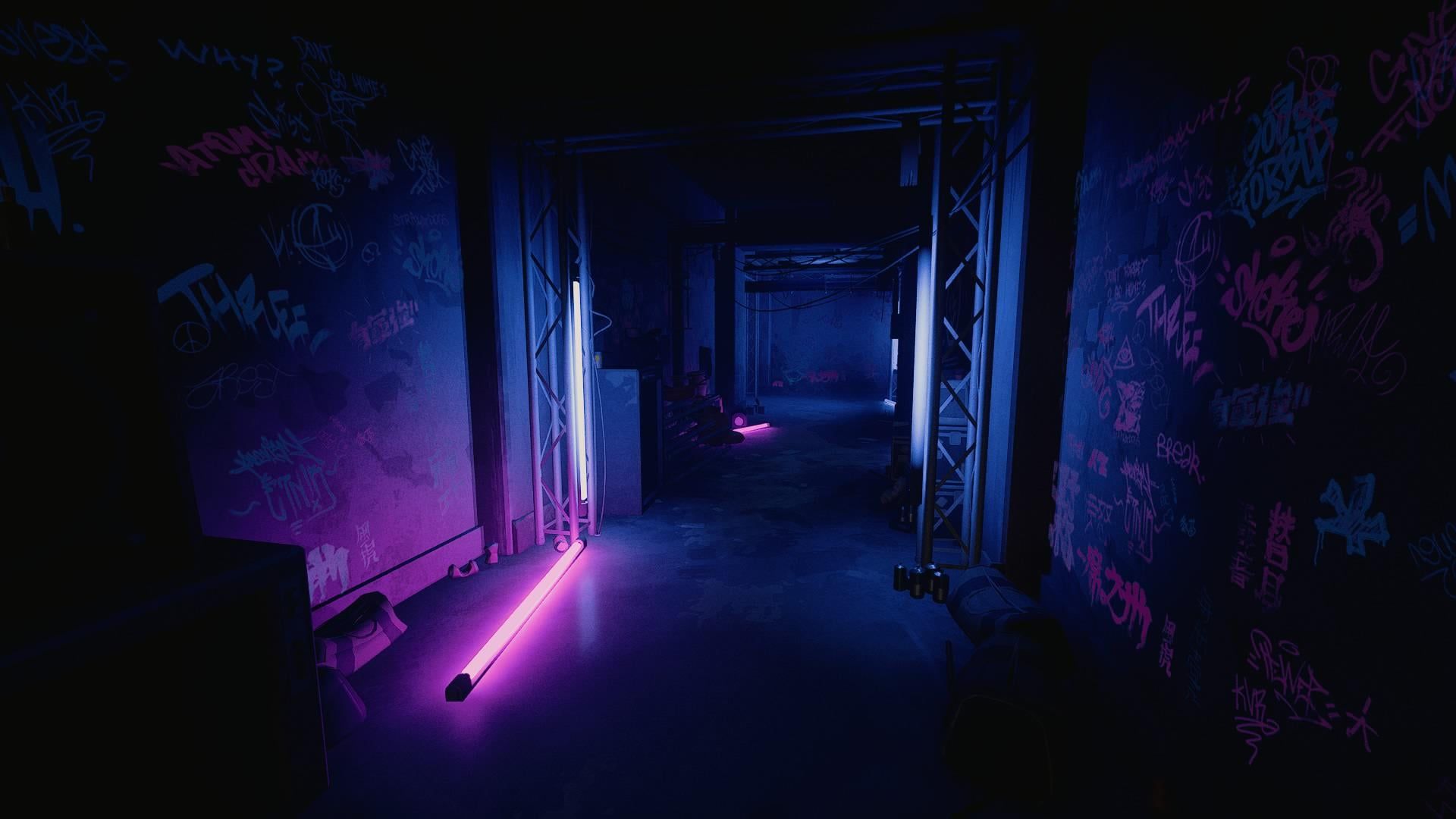 Dunkler Gang, Neonröhre, Graffiti, Lila, Full HD 1080p, Desktop-Hintergrundbild