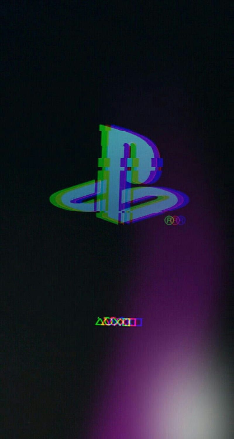 PlayStation, Logo, Grün-Lila Glitch, Schwarzer Hintergrund, Sperrbildschirm fürs iPhone