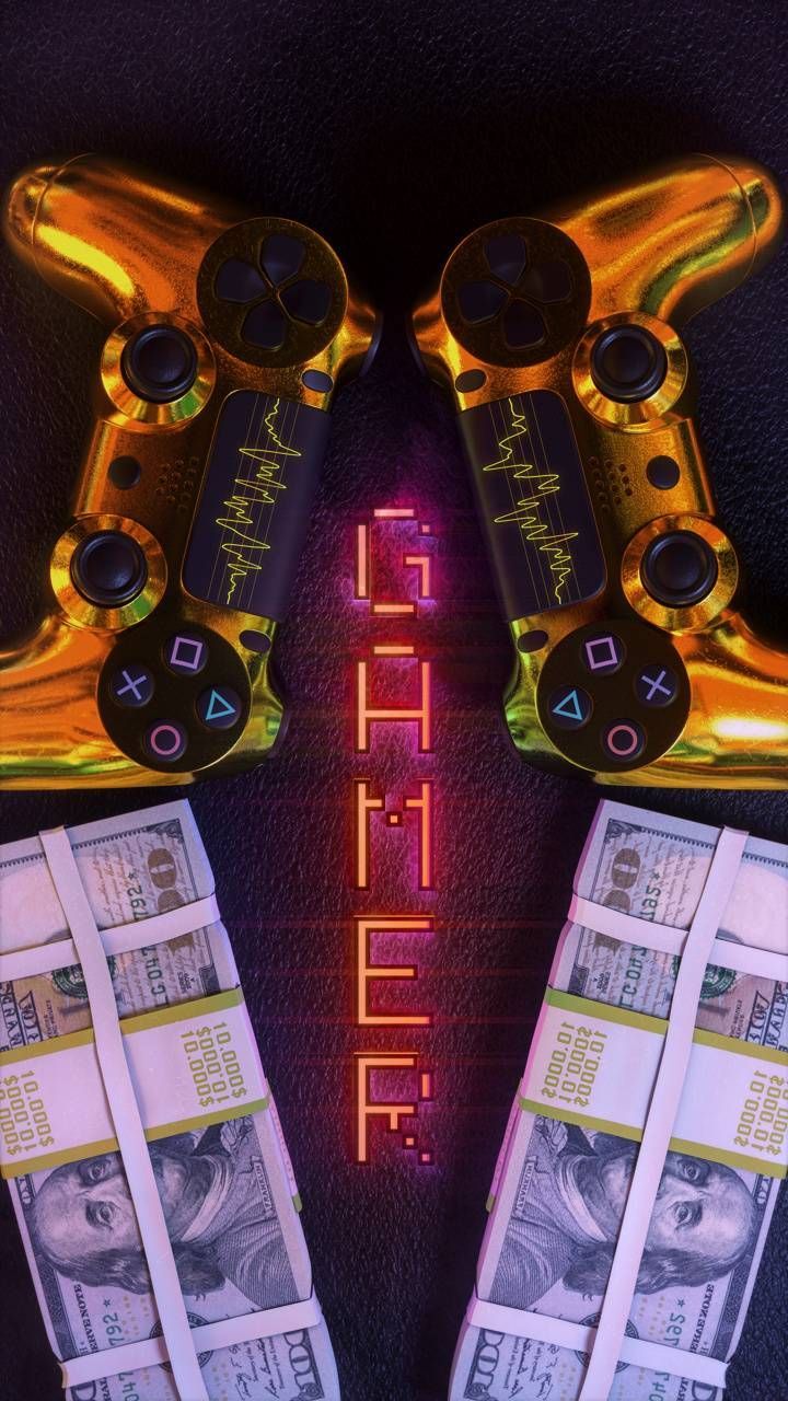 Gamer, Neonschrift, Goldene Controller, Geldscheine, Hochformat, HD, Handy-Hintergrund