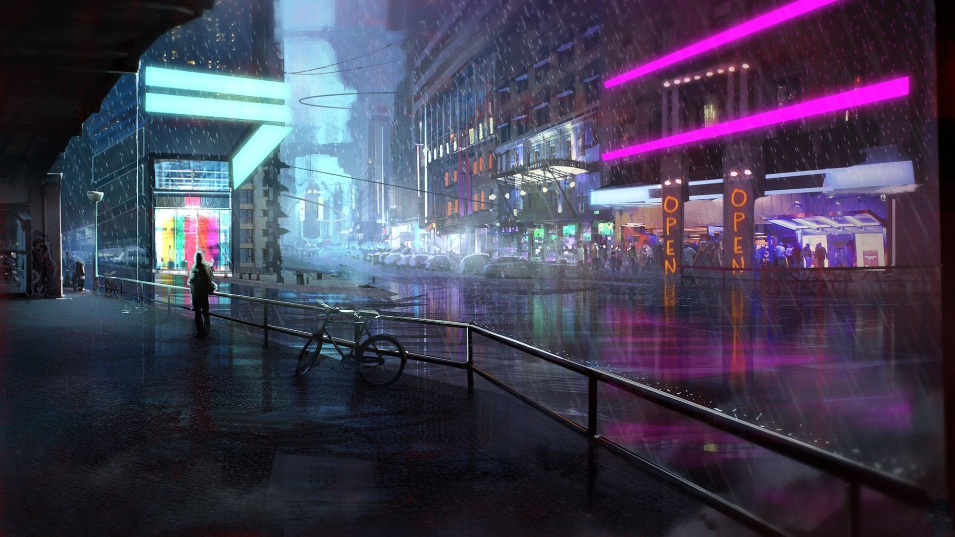 Cyberpunk-Stadt, Regen, Neonlichter, Nacht, Fahrrad, 16:9, Full-HD-Hintergrundbild für den Desktop