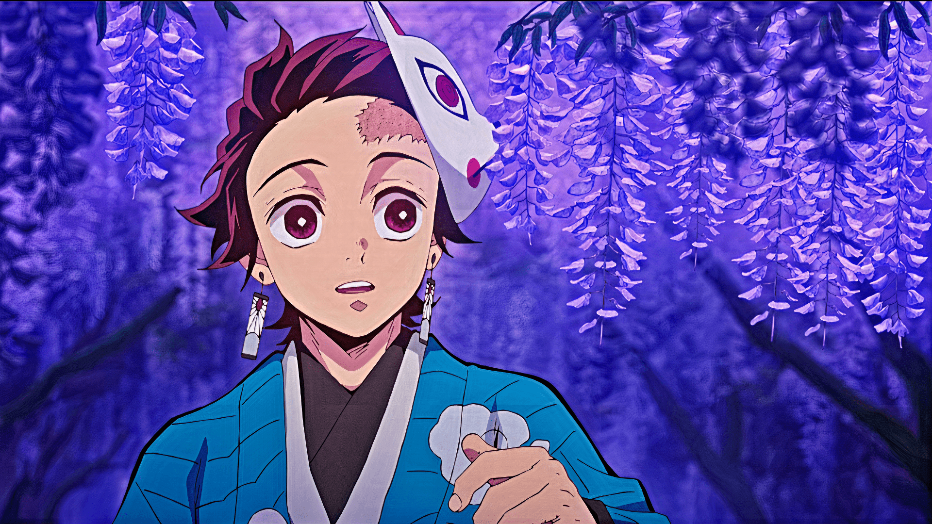 Tanjiro Kamado, Demon Slayer, Glyzinien, Fuchsmaske, Lila, Full HD, Windows-Hintergrundbild