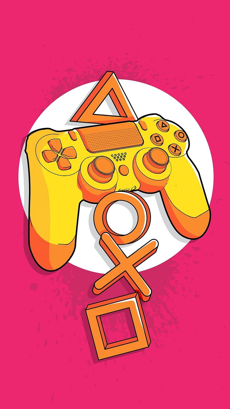 Controller, PlayStation-Symbole, Gelb, Pinker Hintergrund, Illustration, Sperrbildschirm fürs iPhone