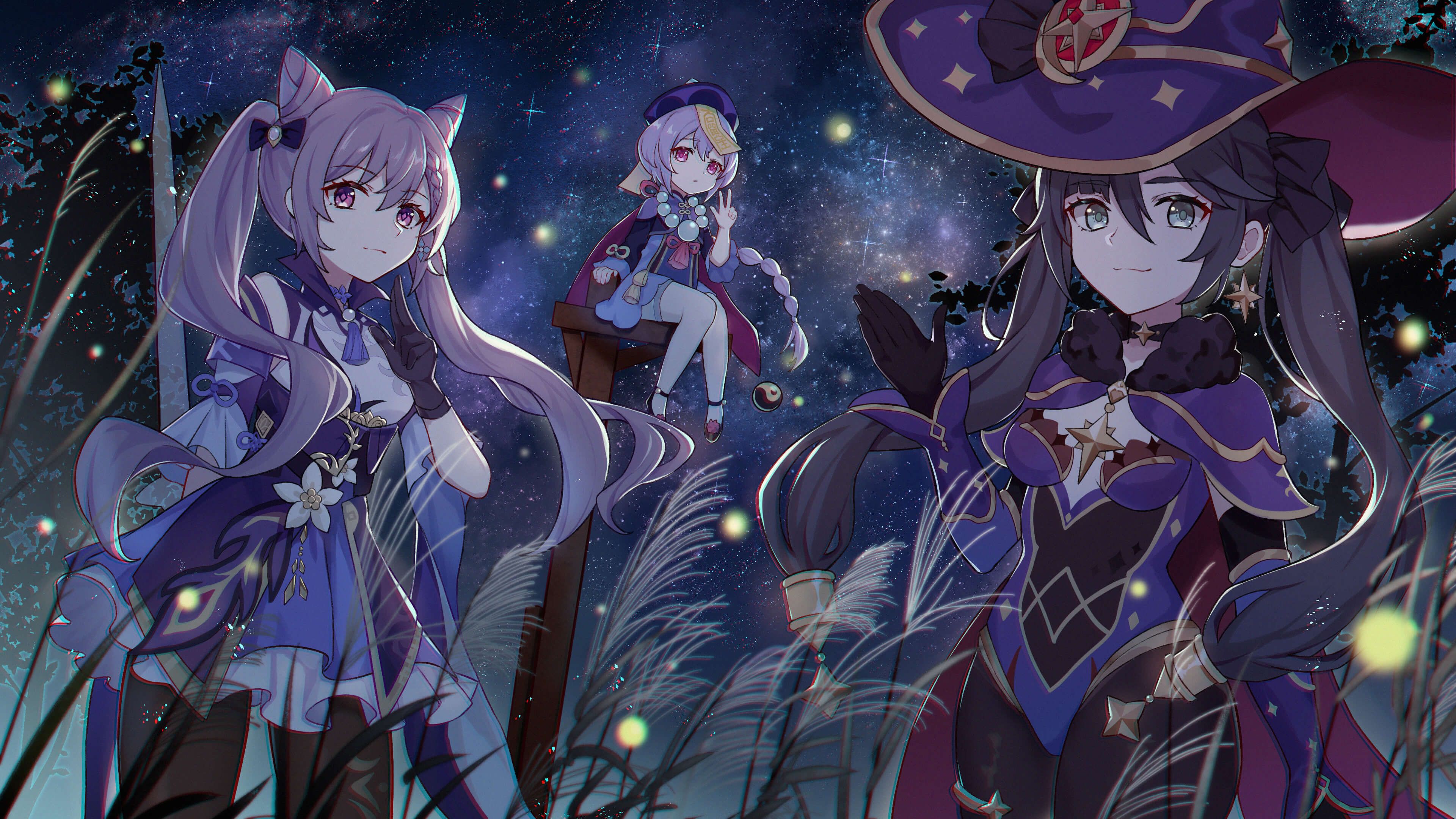 Genshin Impact, Keqing, Mona, Sternenhimmel, Anime, 16:9, 4K-Hintergrundbild für den Desktop