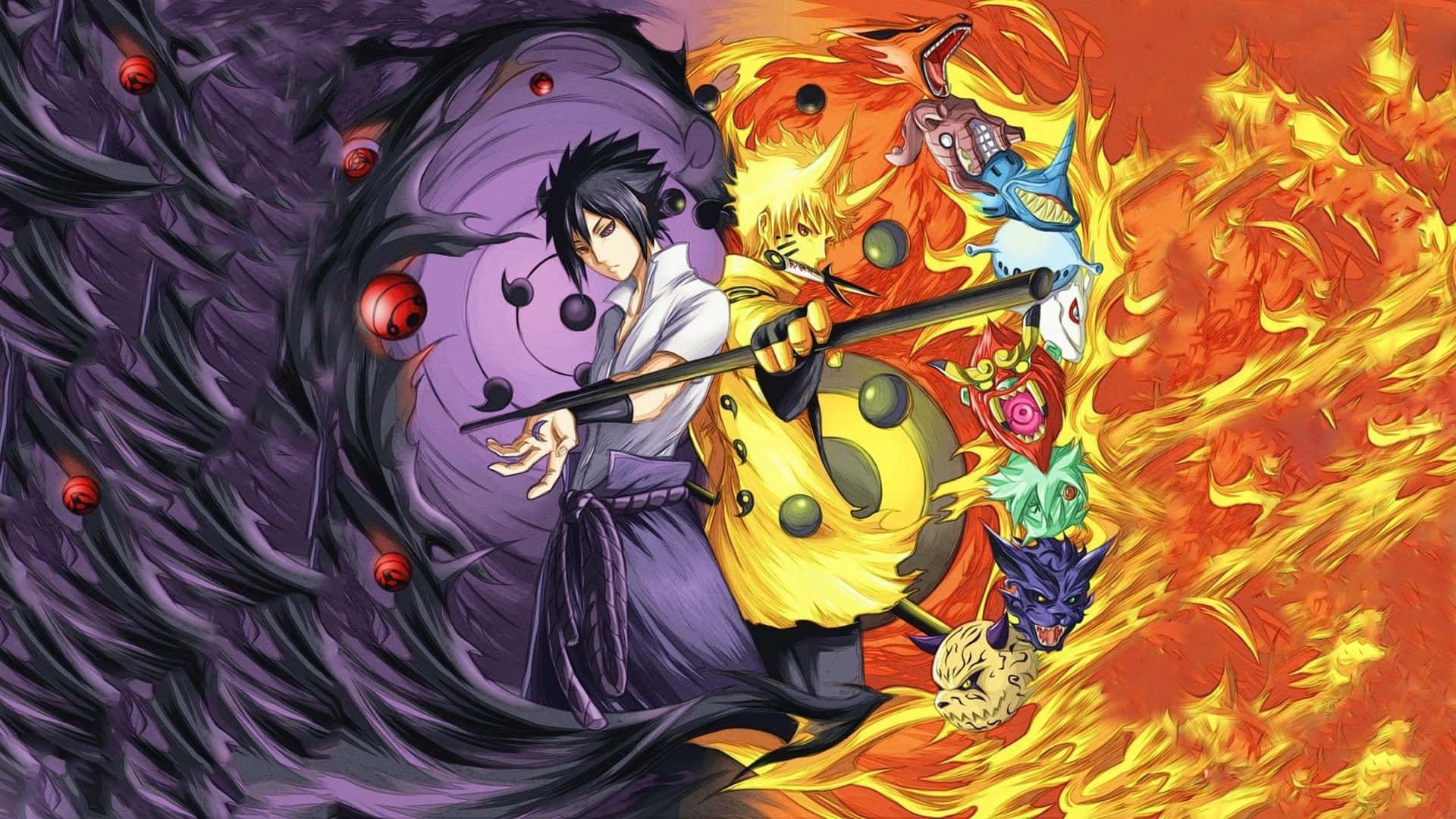 Naruto Uzumaki, Sasuke Uchiha, Naruto Shippuden, Kurama, Lila und Orange, Full HD, Laptop-Hintergrundbild