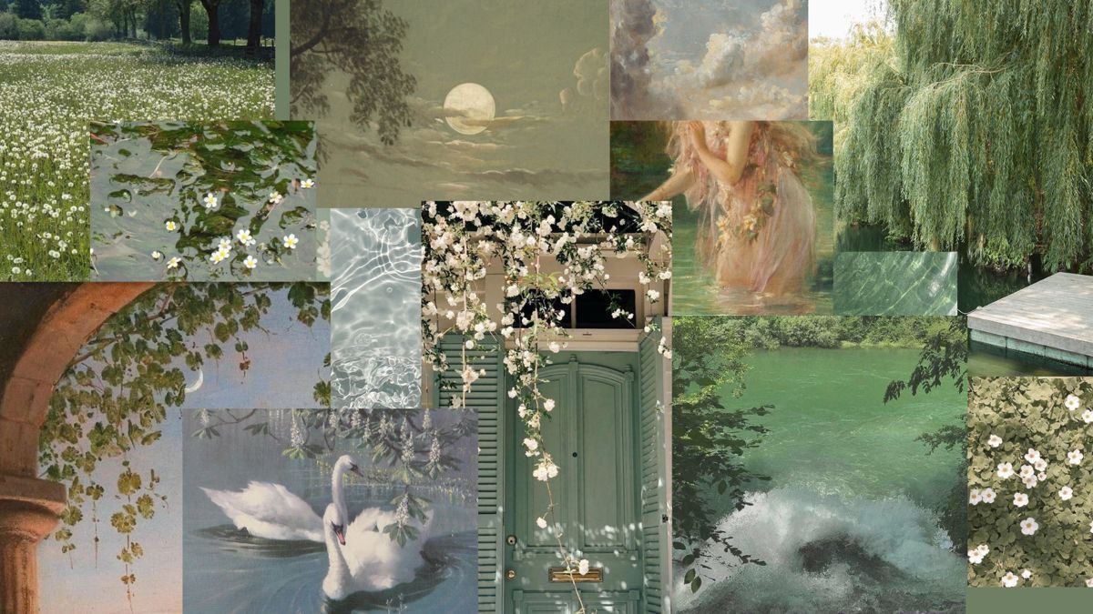 Collage, Schwan, Trauerweide, Gänseblümchen, Grüne Ästhetik, Vintage, iMac-Hintergrundbild
