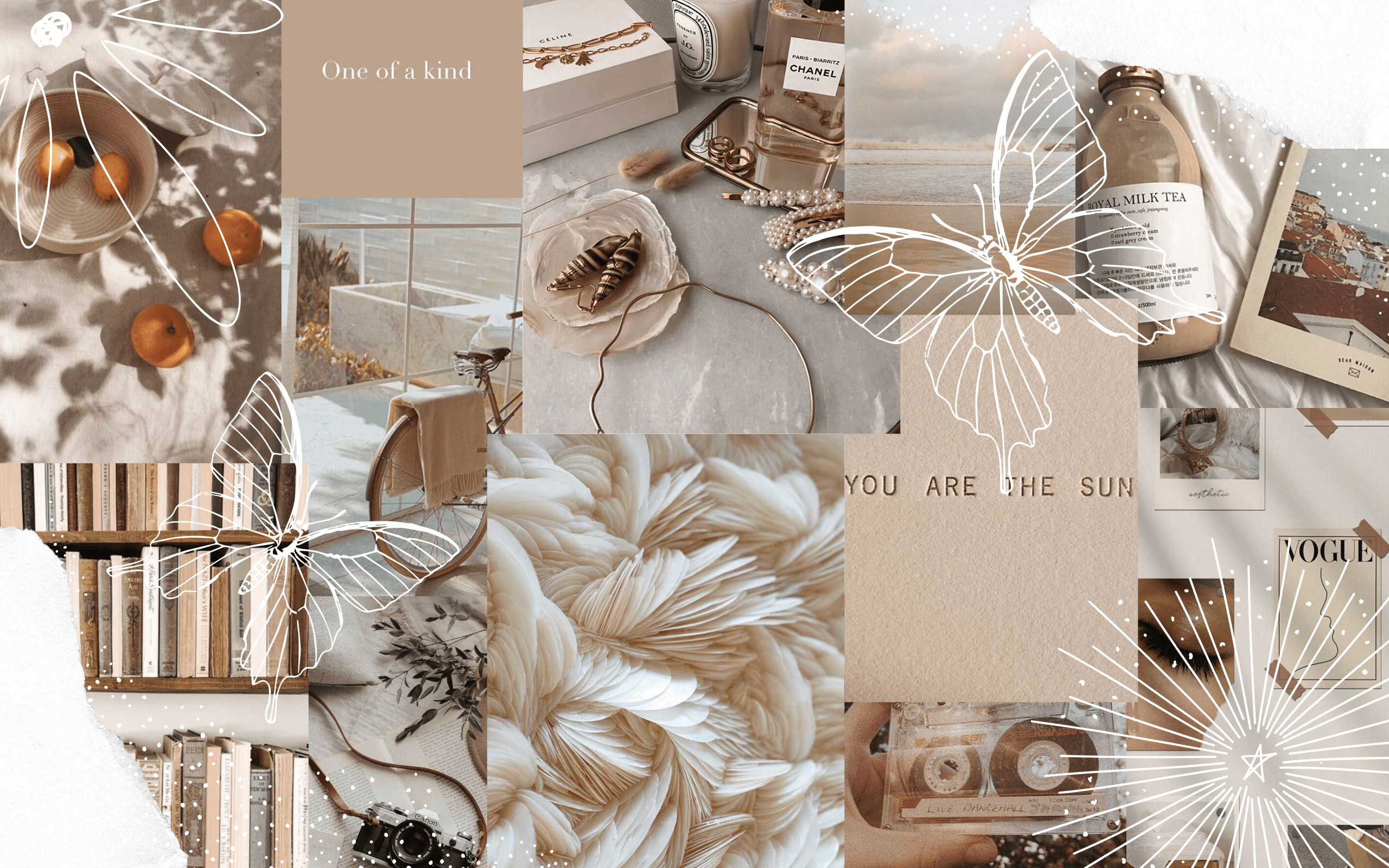 Collage, Beige Ästhetik, Schmetterling, Trockenblumen, Neutrale Töne, Hintergrundbild für den iMac