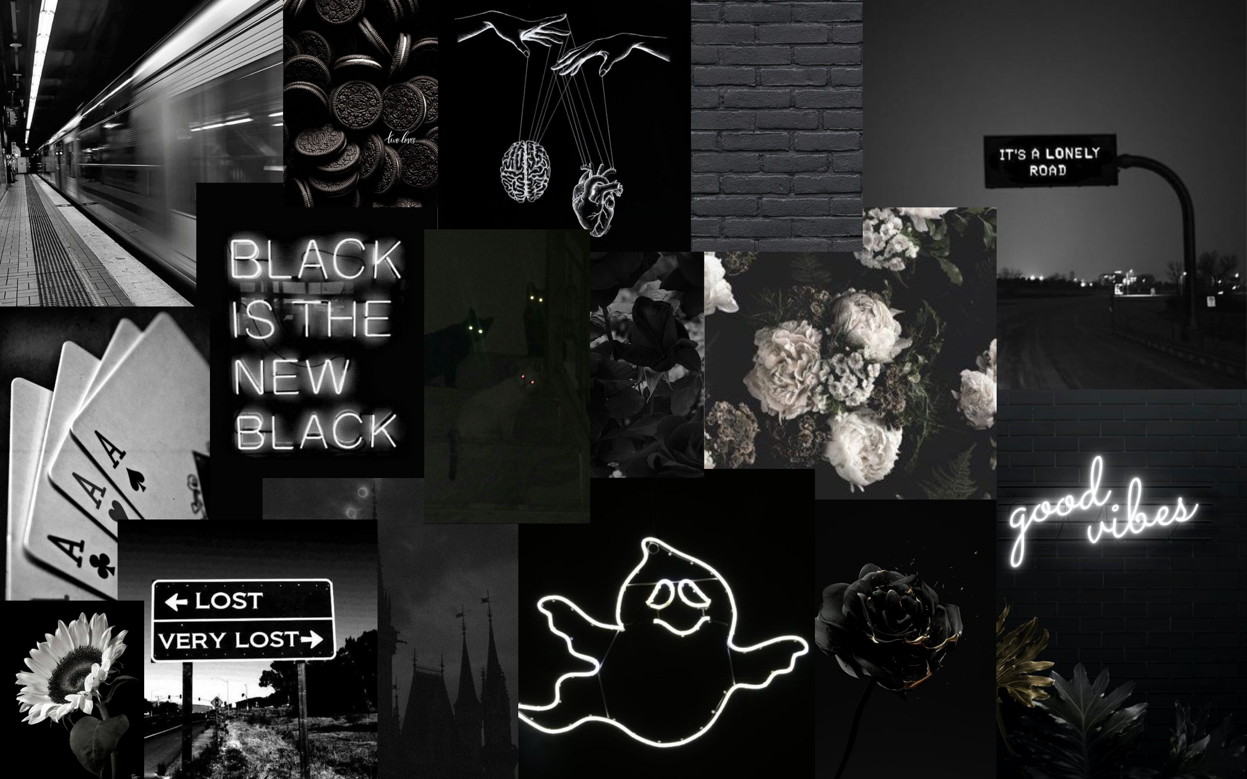 Collage, Schwarz-Weiß, Neonschrift, Geist, Rosen, Dunkle Ästhetik, Hintergrundbild für den iMac