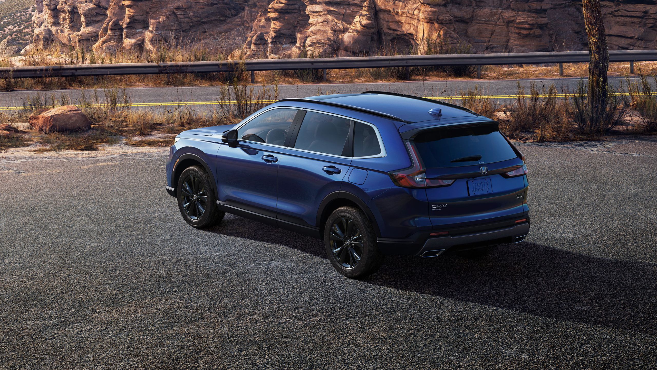 Honda CR-V, Honda, Blauer SUV, Heckansicht, Felsen, Wüste, 2K, PC-Hintergrundbild