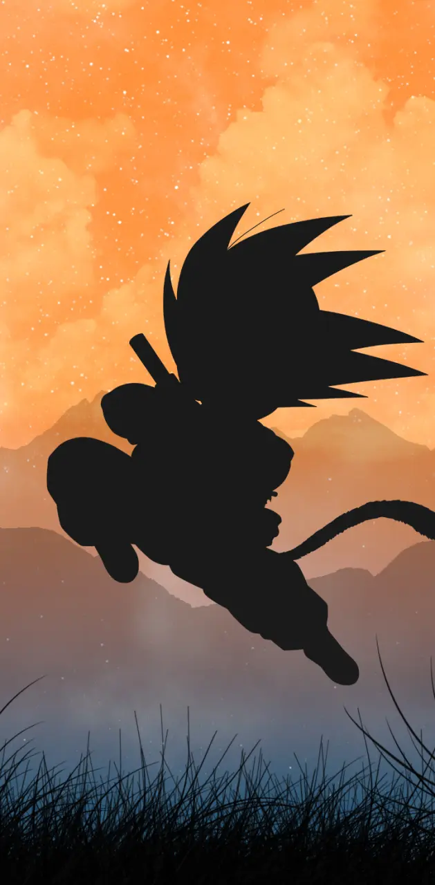 Son Goku, Kid Goku, Silhouette, Orangefarbener Himmel, Sprung, Hintergrundbild fürs Handy