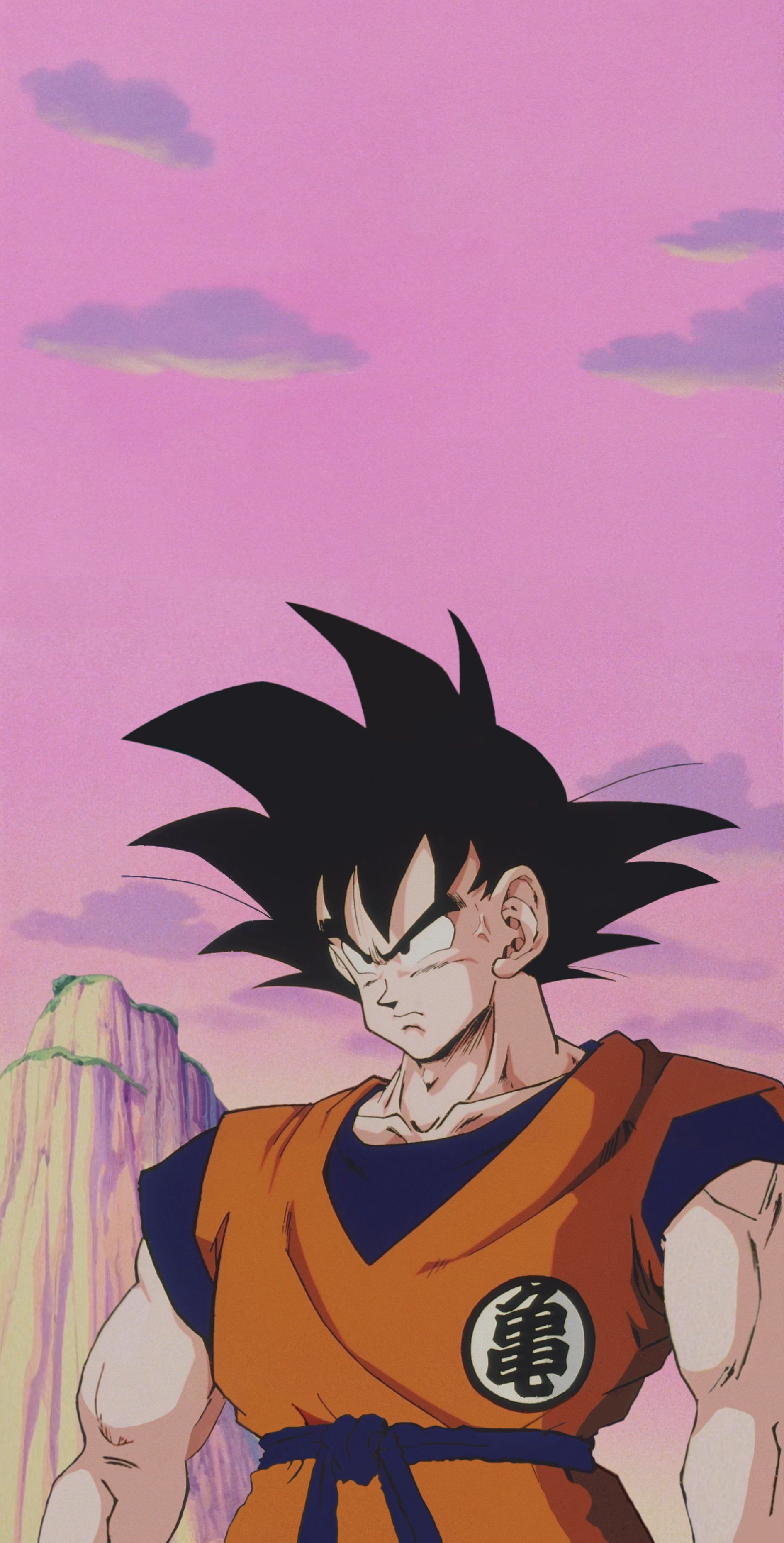 Son Goku, Dragon Ball, Rosa Himmel, Retro-Anime, Felsen, QHD+, iPhone-Hintergrundbild
