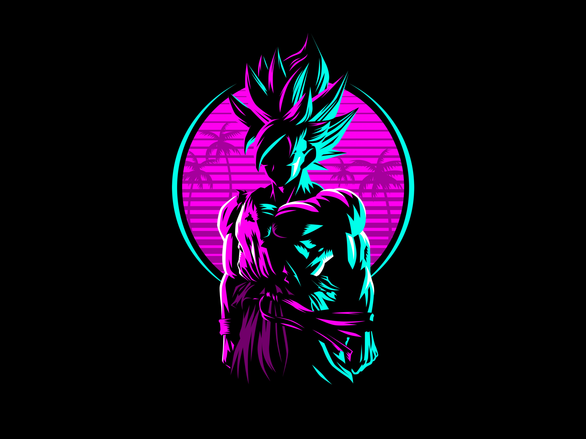 Son Goku, Super-Saiyajin, Neon, Retrowave, Schwarzer Hintergrund, Full HD Wallpaper