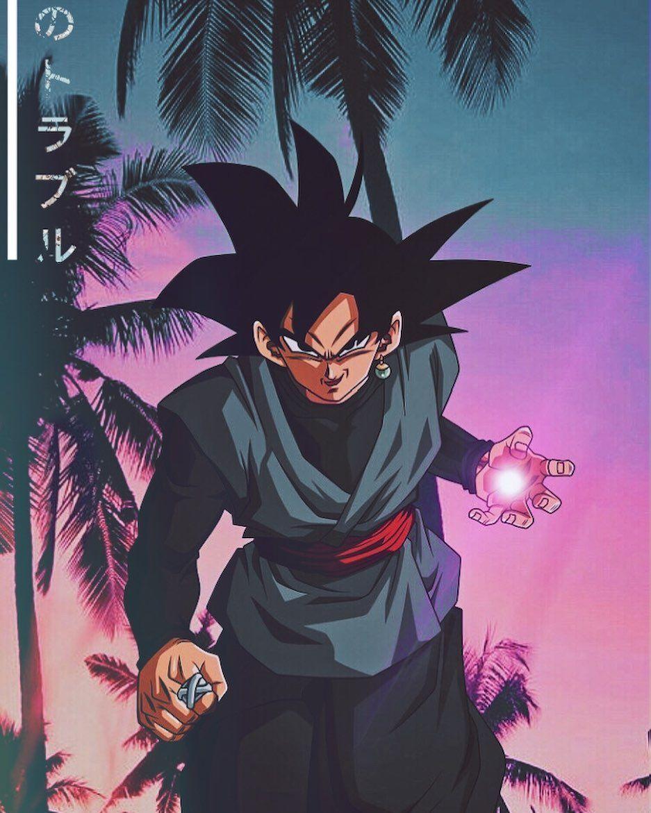 Goku Black, Dragon Ball Super, Palmen, Vaporwave, Japanische Schrift, Hintergrundbild fürs iPad