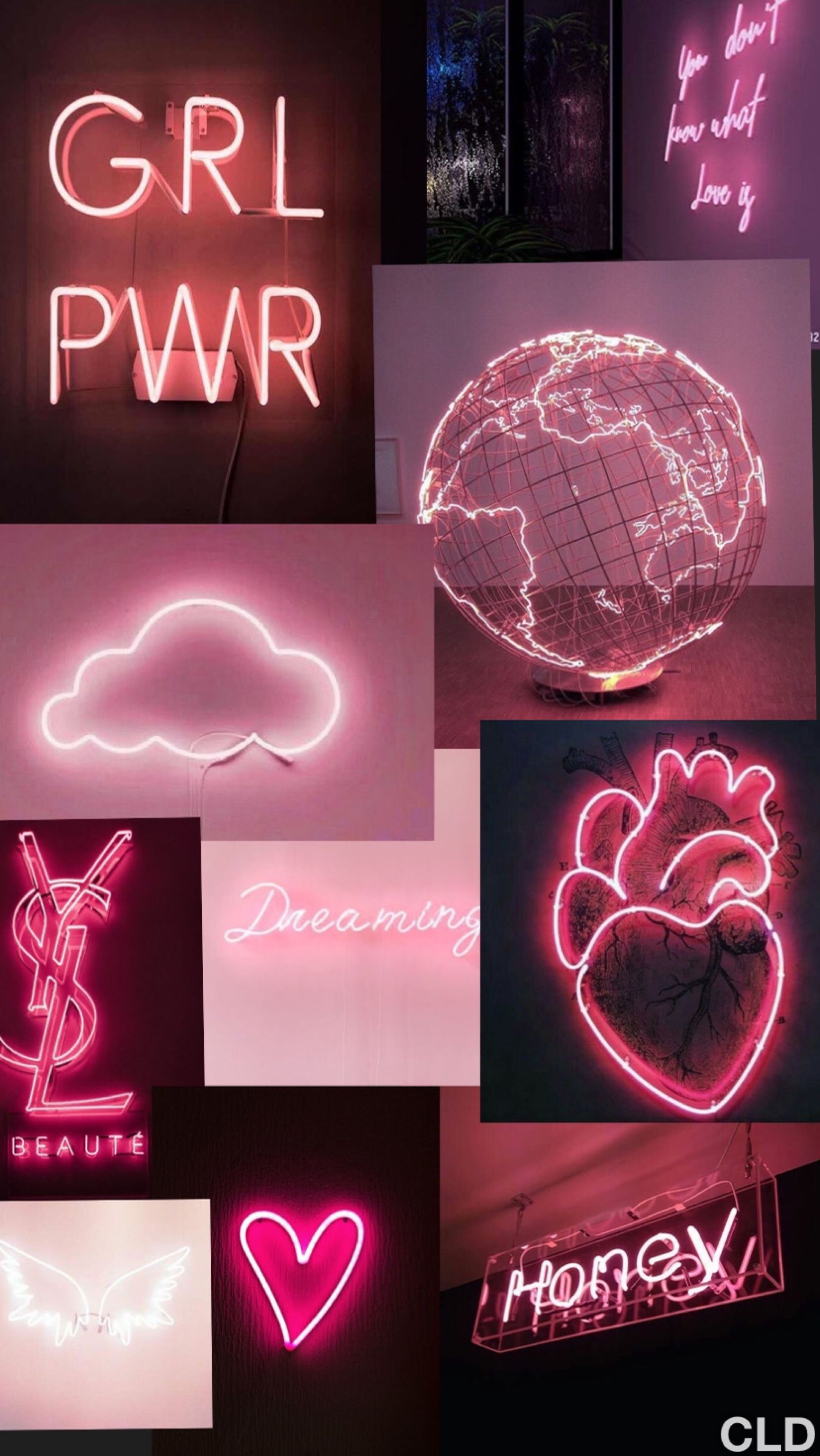 GRL PWR, Collage, Neonschilder, Herz, Rosa, QHD+, Handy-Hintergrund im Hochformat