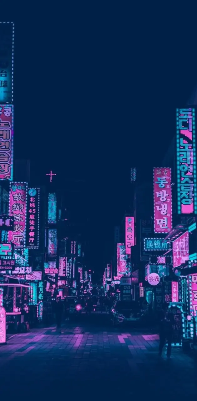 Straße, Nacht, Stadt, Leuchtreklamen, Dunkelblau, Hintergrundbild für iPhone und Android