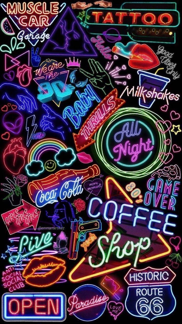 Neonschilder, Collage, Tattoo, Coffee Shop, Open, Bunt, Hochformat, Hintergrundbild fürs Smartphone