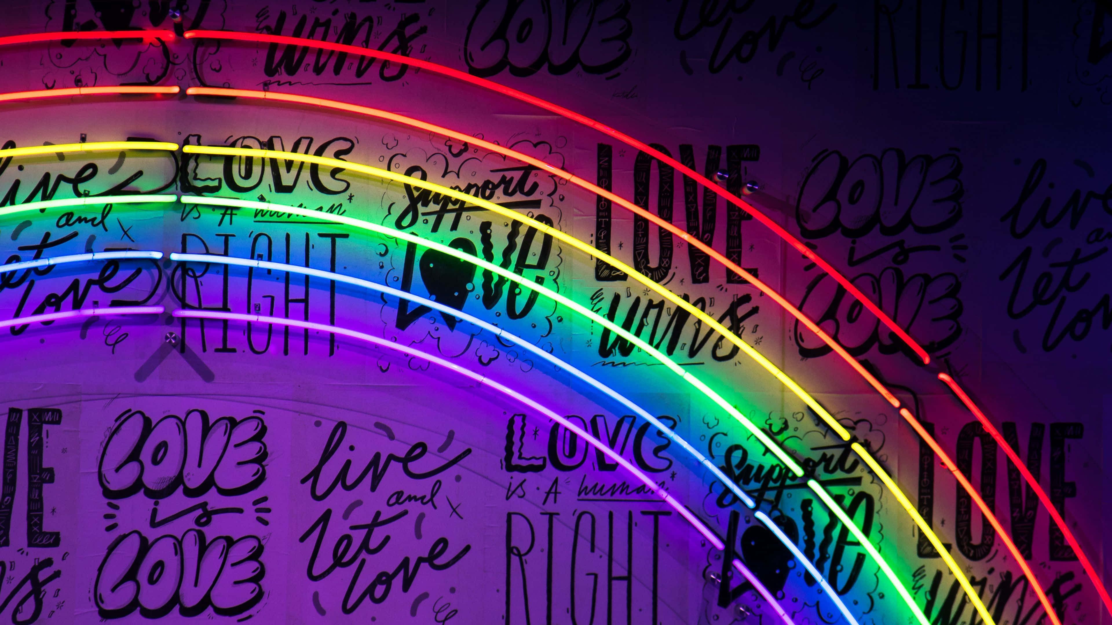 Regenbogen, Love, Schriftzüge, Graffiti, Lila, 3840x2160, 4K-Hintergrundbild für PC