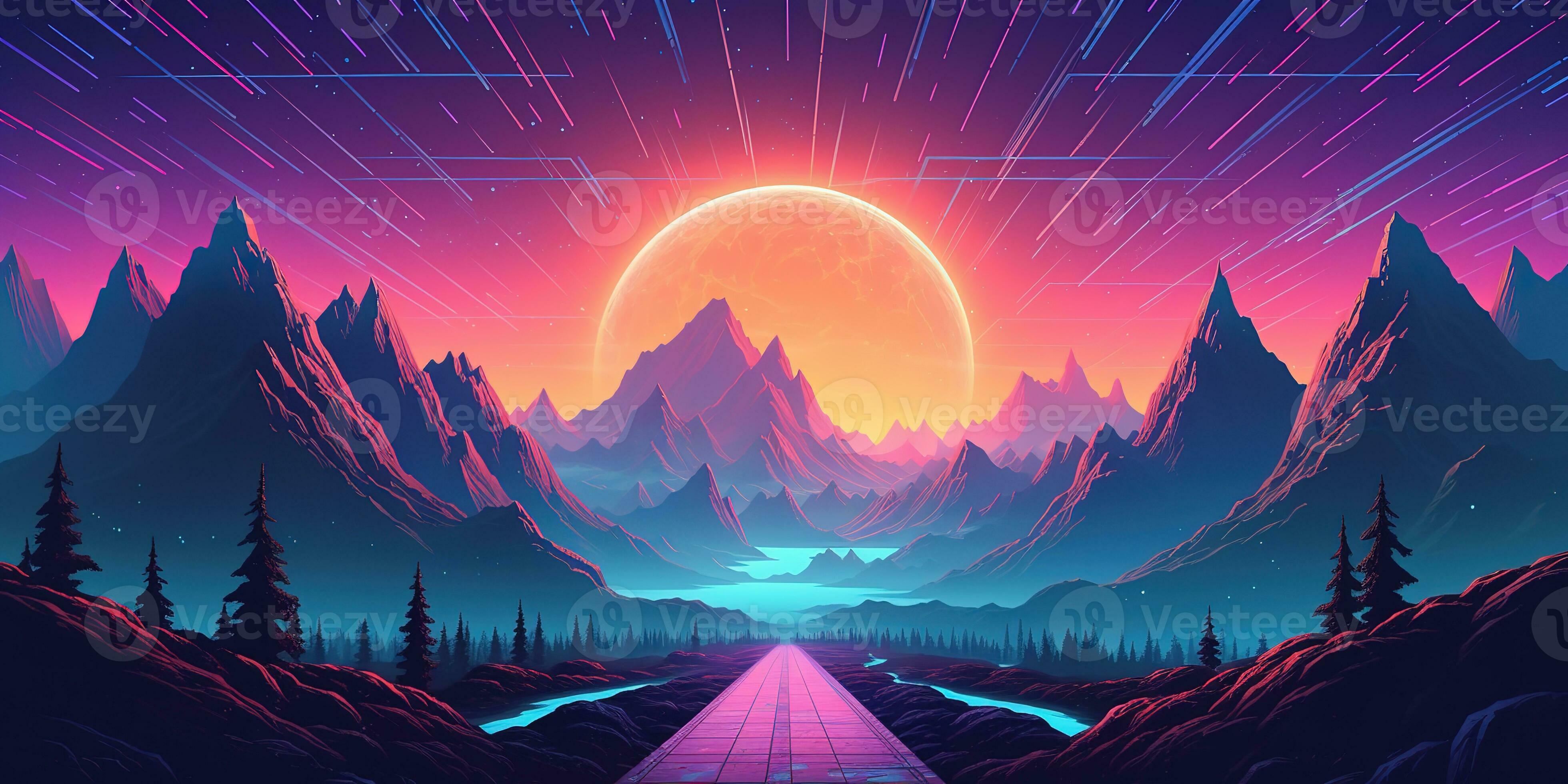 Berge, Sonne, Straße, Synthwave, Illustration, 4K, Hintergrundbild für den PC