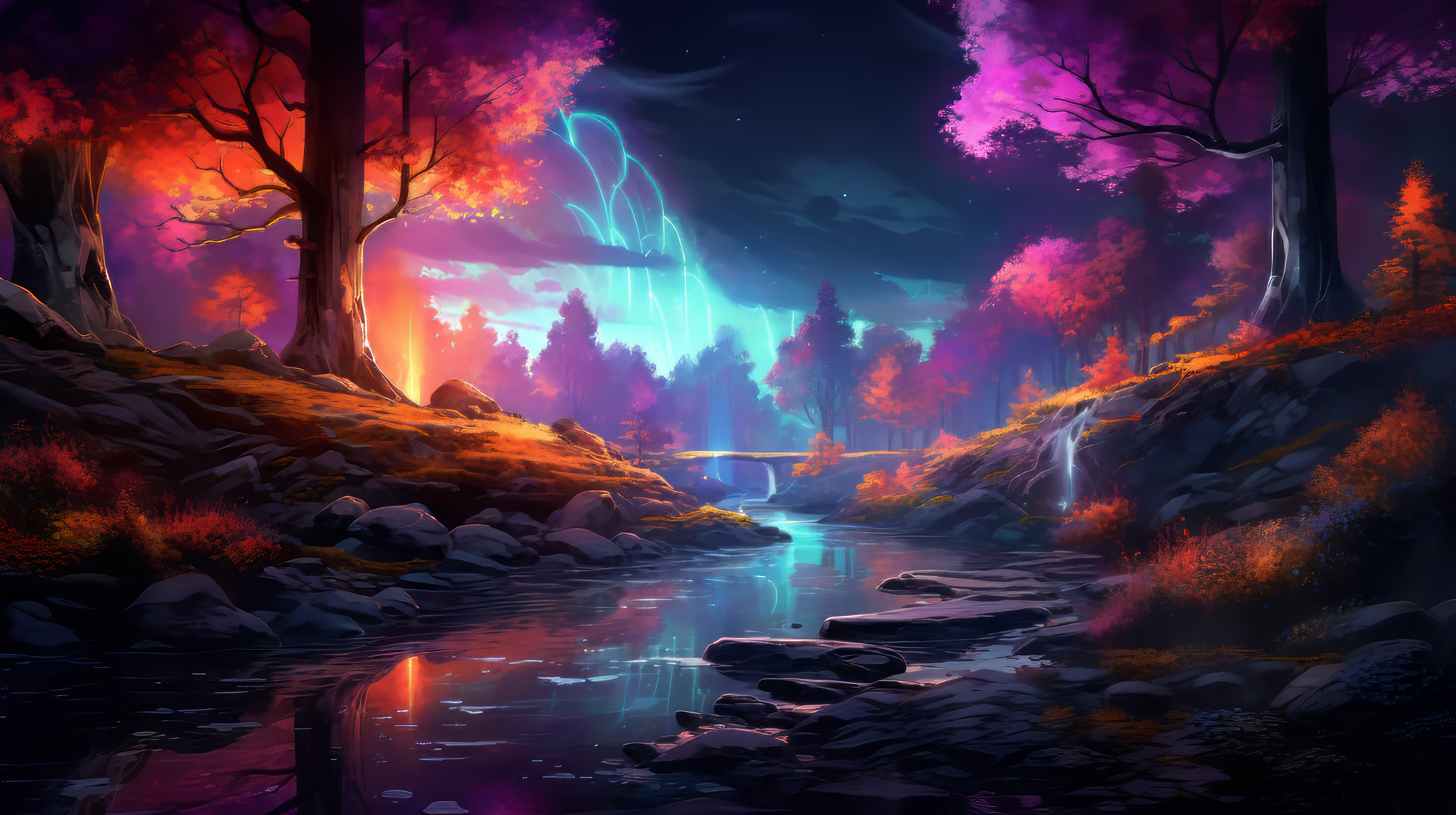 Fantasy-Landschaft, Wald, Fluss, Blitz, Orange, Pink, 16:9, Full-HD-Hintergrundbild für den Desktop